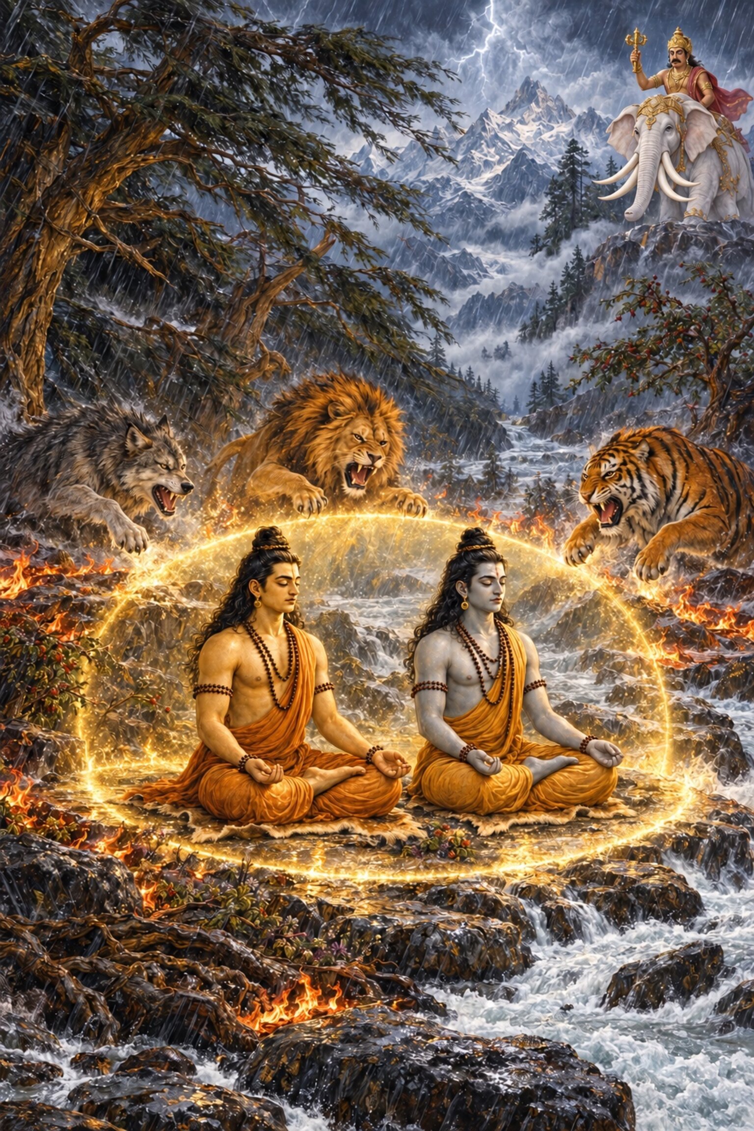 At Badarikashrama Indra's wolves, lions and tigers lunge at Nara and Narayana in storm and fire as the sages sit unmoved.