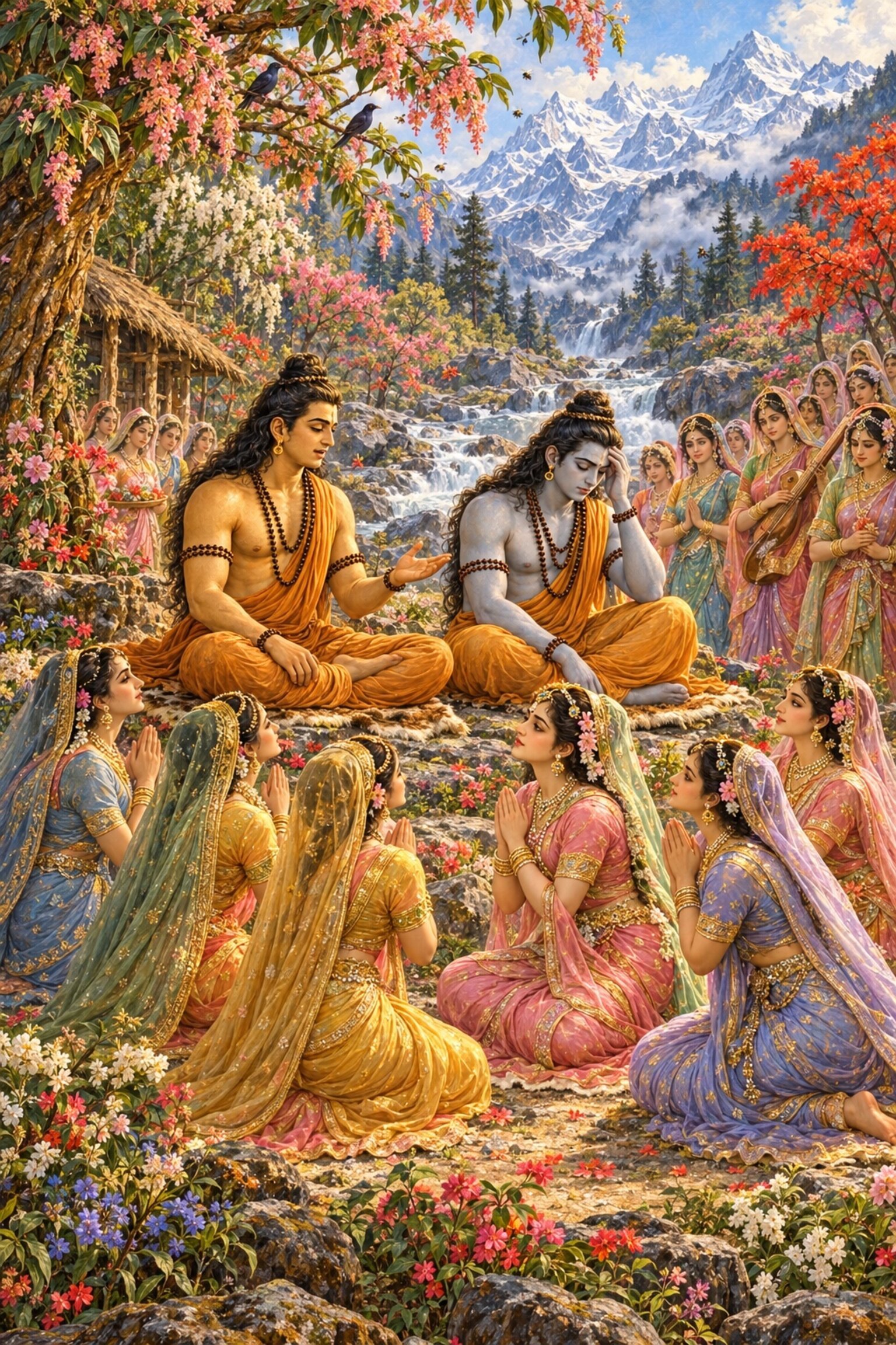 Among the apsaras Narayana sits downcast with bowed head as his brother Nara, a hand held out, urges him to be calm.