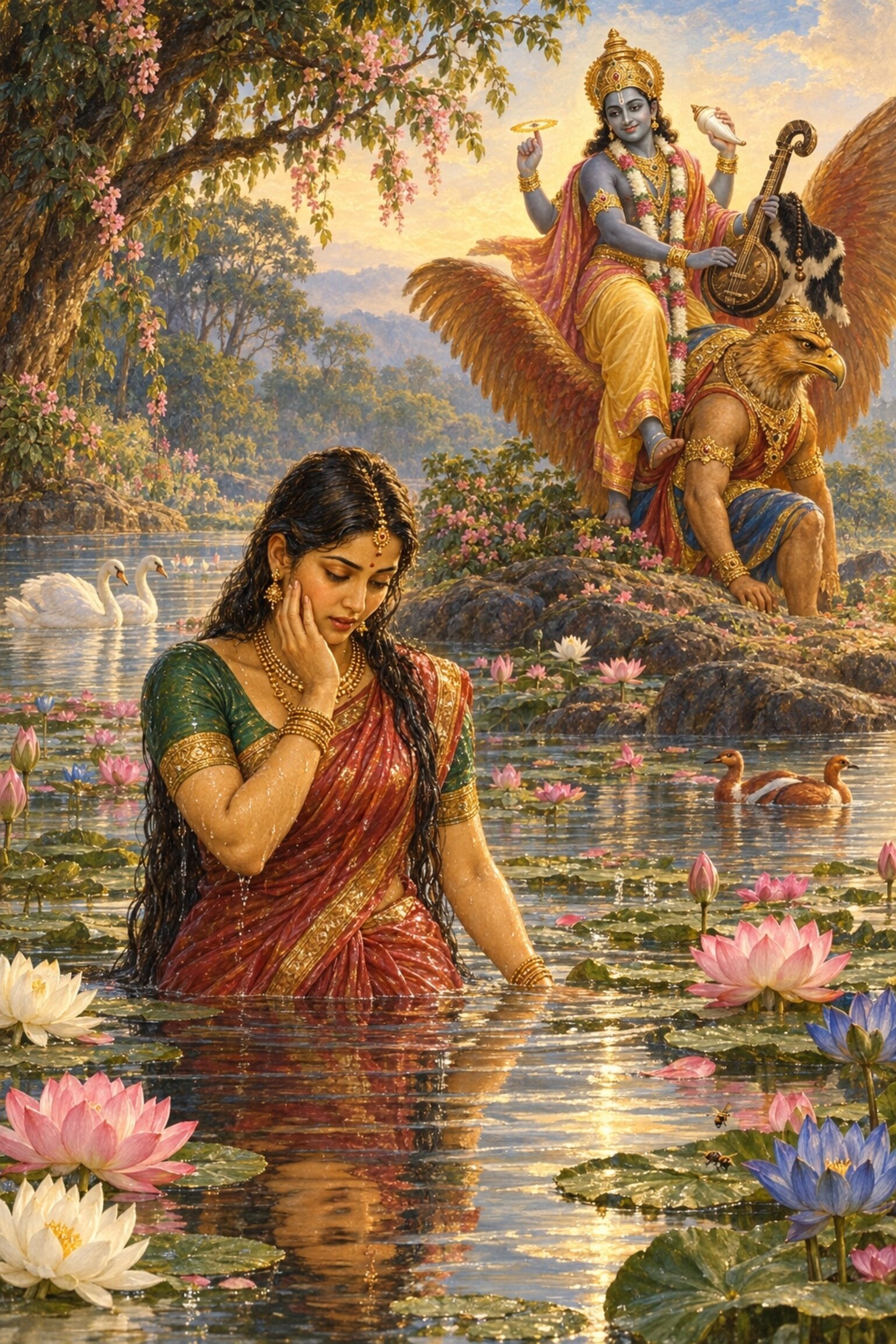 Narada rises from a lotus lake transformed into a woman as Vishnu on the bank takes up his vina and mounts Garuda.
