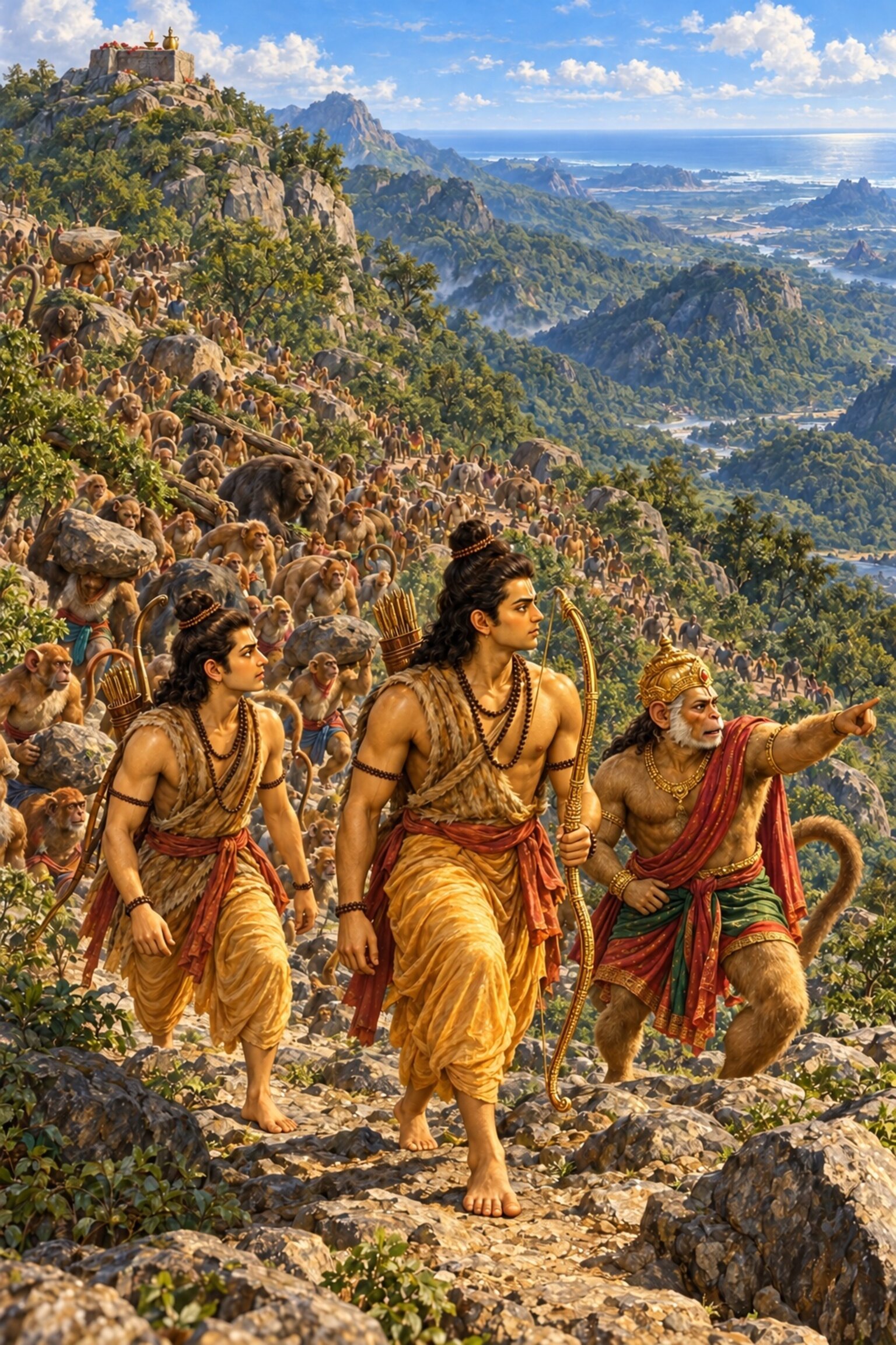 On Vijayadashami morning Rama sets out from the Kishkindha mountain with Lakshmana, Sugriva and the army toward the sea.