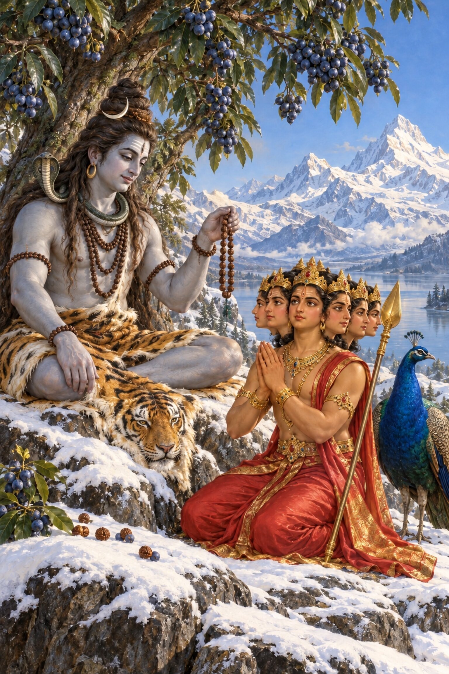 On Kailasa, Mahadeva holds up a rudraksha mala as he tells his six-faced son Kartikeya its glory, a peacock beside the boy.