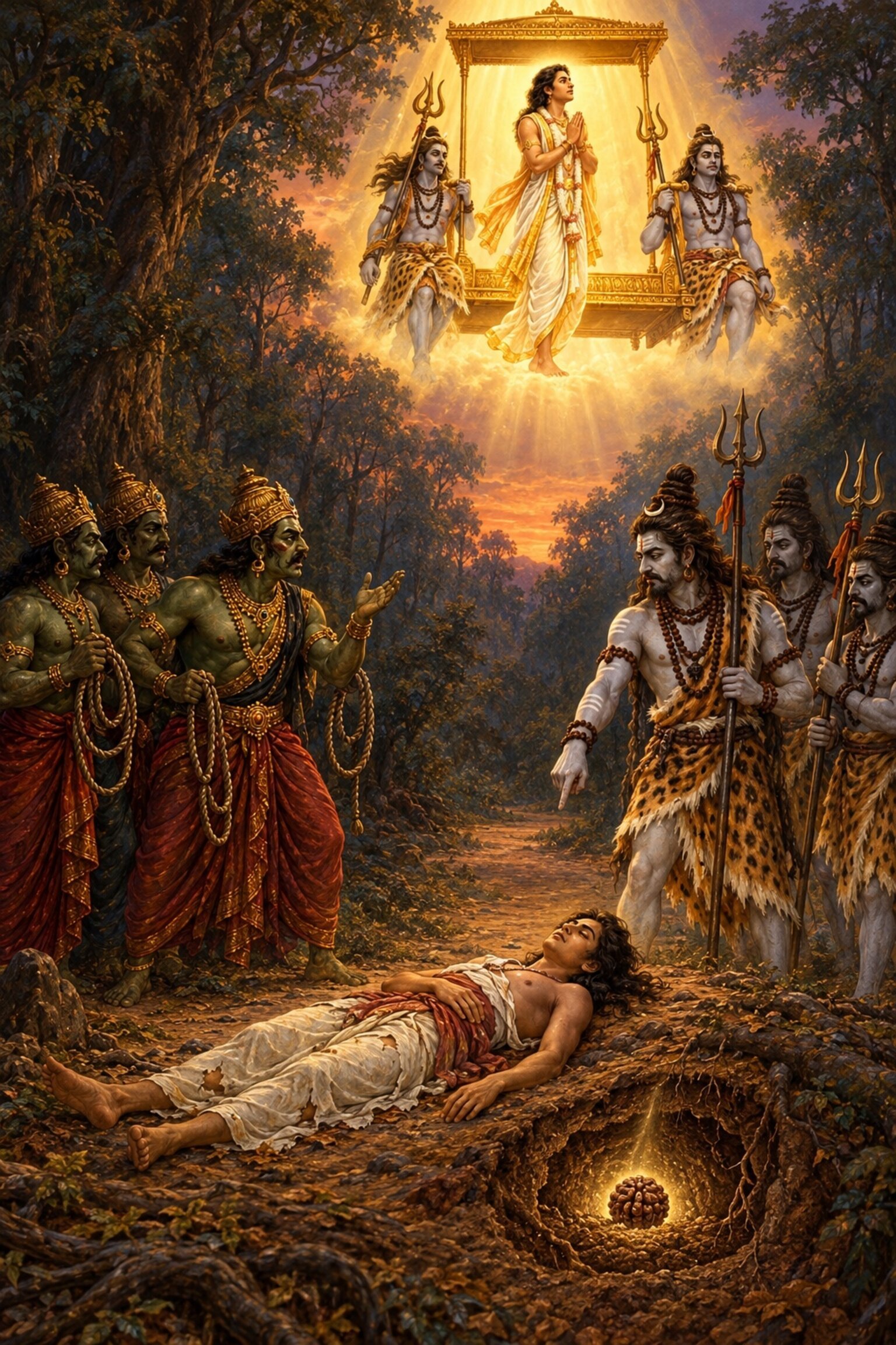 Yama's and Shiva's messengers dispute over the dead Gunanidhi as he rises in divine form onto the vimana.