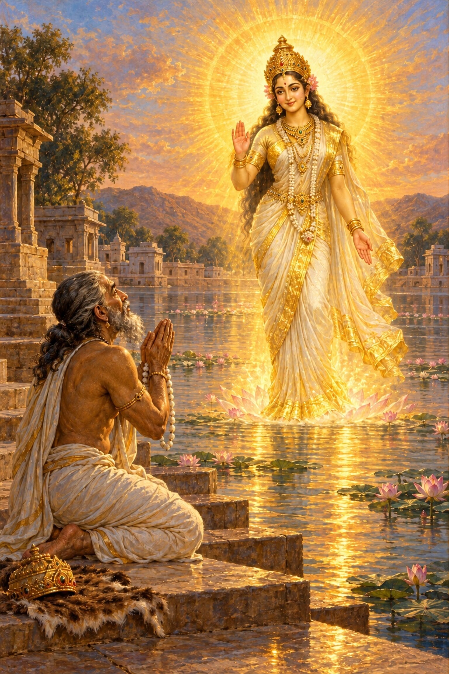 At Pushkara the goddess Savitri appears blazing before King Ashvapati of Madra and, smiling like a mother, grants his wish.