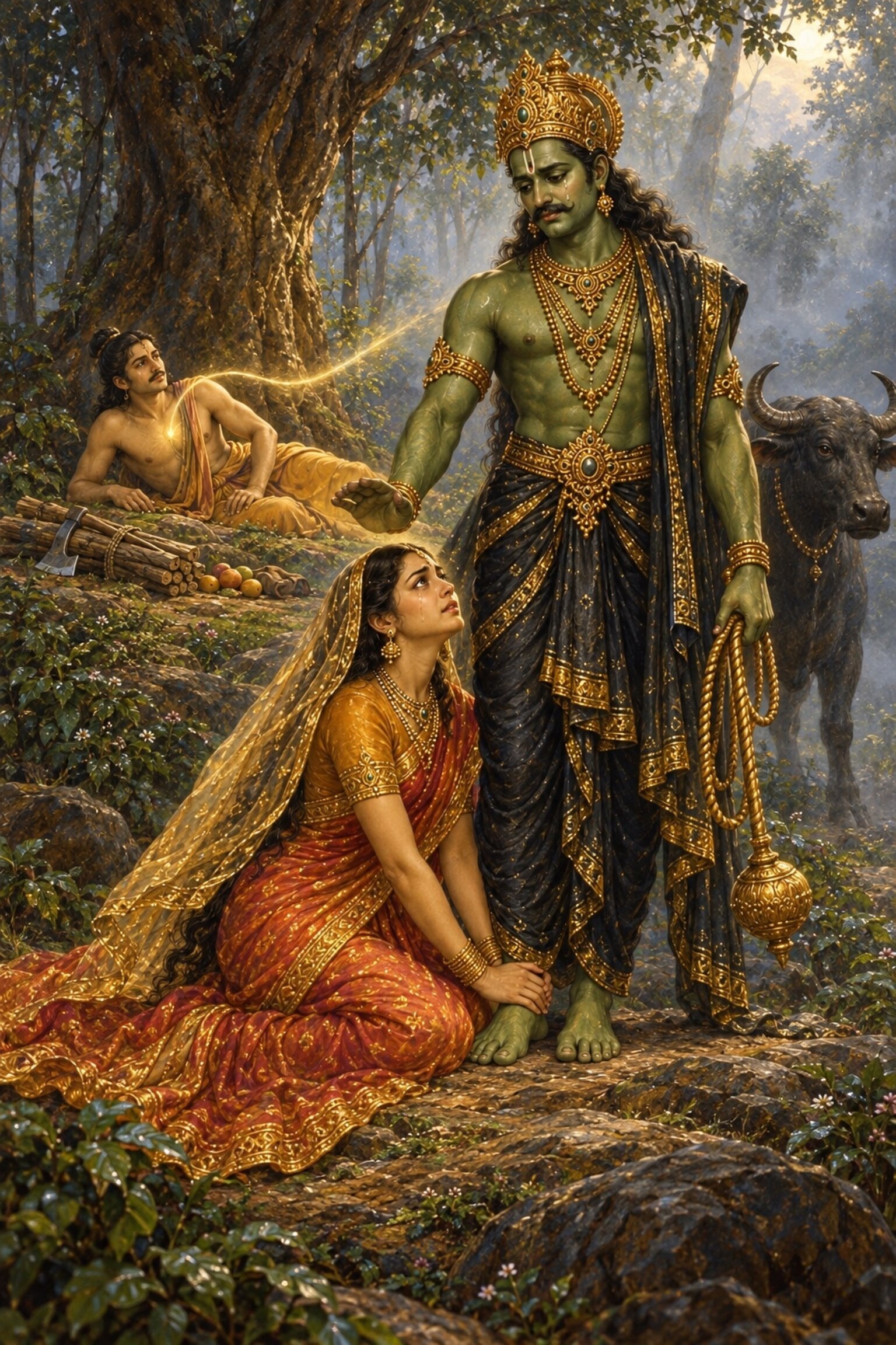 Yama gives Satyavan back his life as Savitri clasps his feet weeping and Satyavan wakes and sits up under the tree.