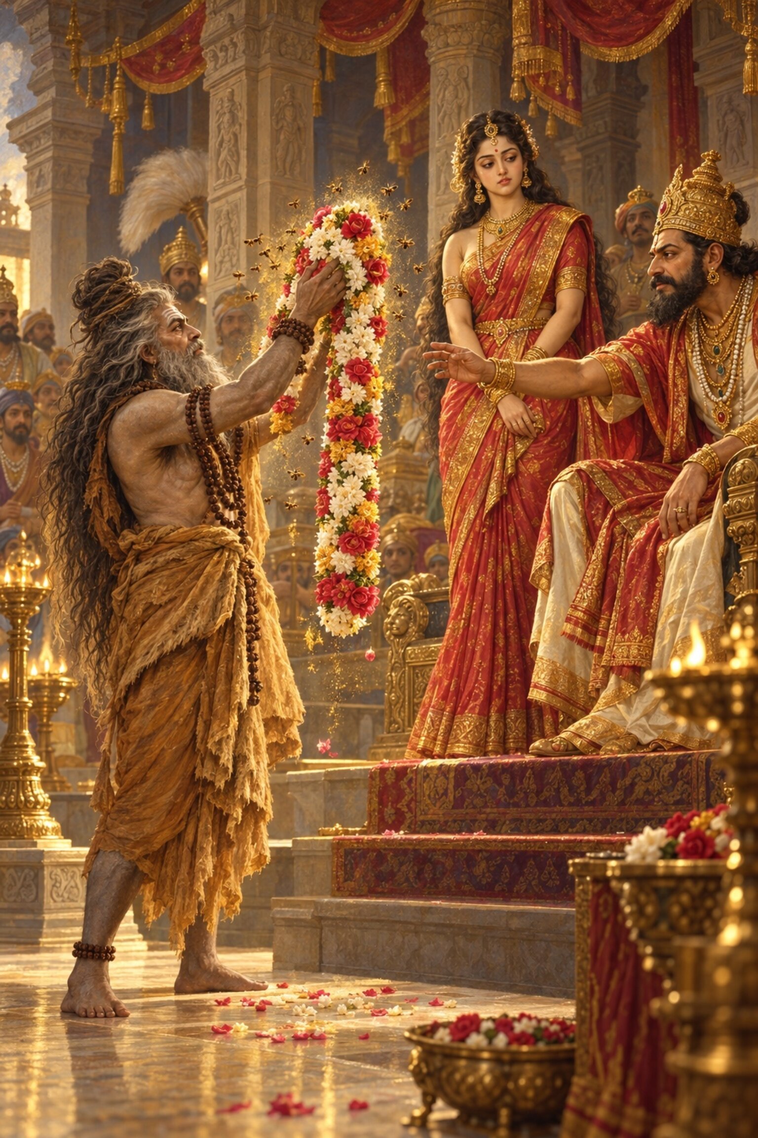 In Daksha's palace Durvasa holds the Devi's divine garland, bees hovering over it, as Daksha reaches out to beg it from him.