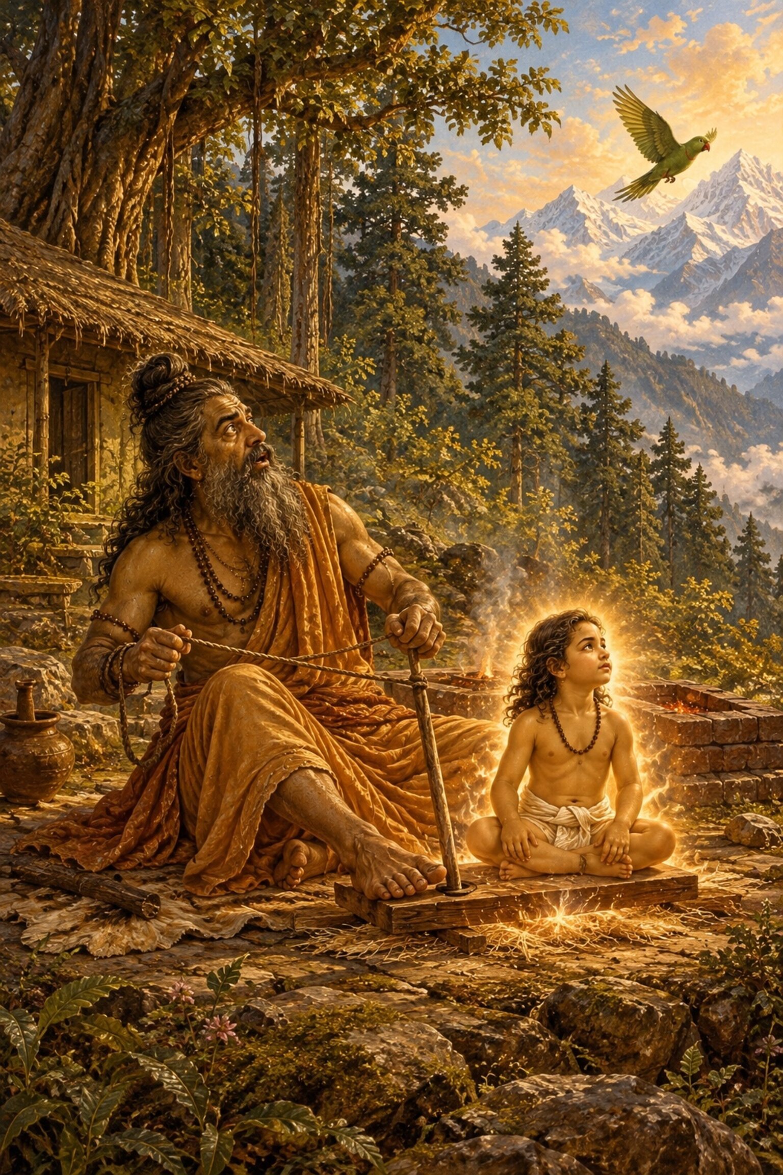 In his mountain ashram Vyasa churns the fire-sticks as the boy Shuka rises blazing from them and a parrot flies away overhead.