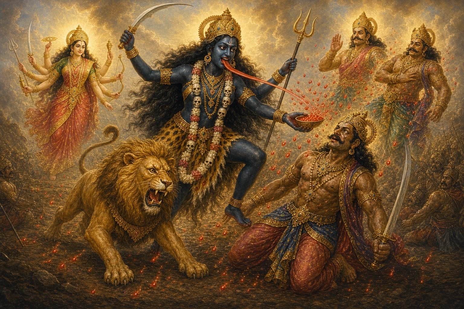 The slaying of Raktabija, Nishumbha, and Shumbha
