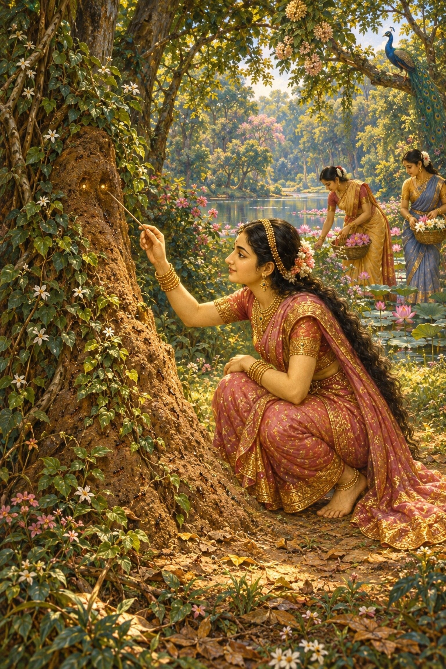Playing by the lake, Princess Sukanya reaches a thorn toward two lights glowing in an anthill where the ascetic Chyavana sits.