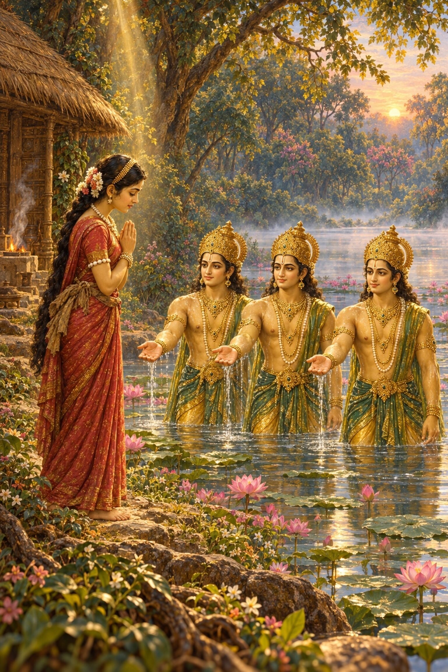 Before three identical divine youths risen from the lake, Sukanya joins her palms and prays to know her husband Chyavana.