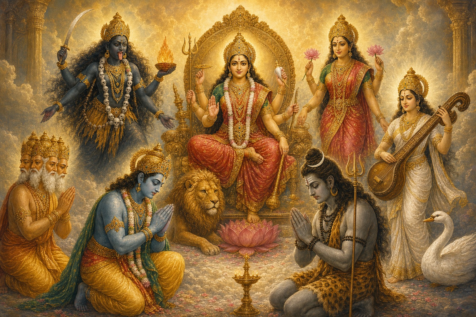 The Tridevi: Mahakali, Mahalakshmi, and Mahasaraswati, three goddesses of the supreme Shakti