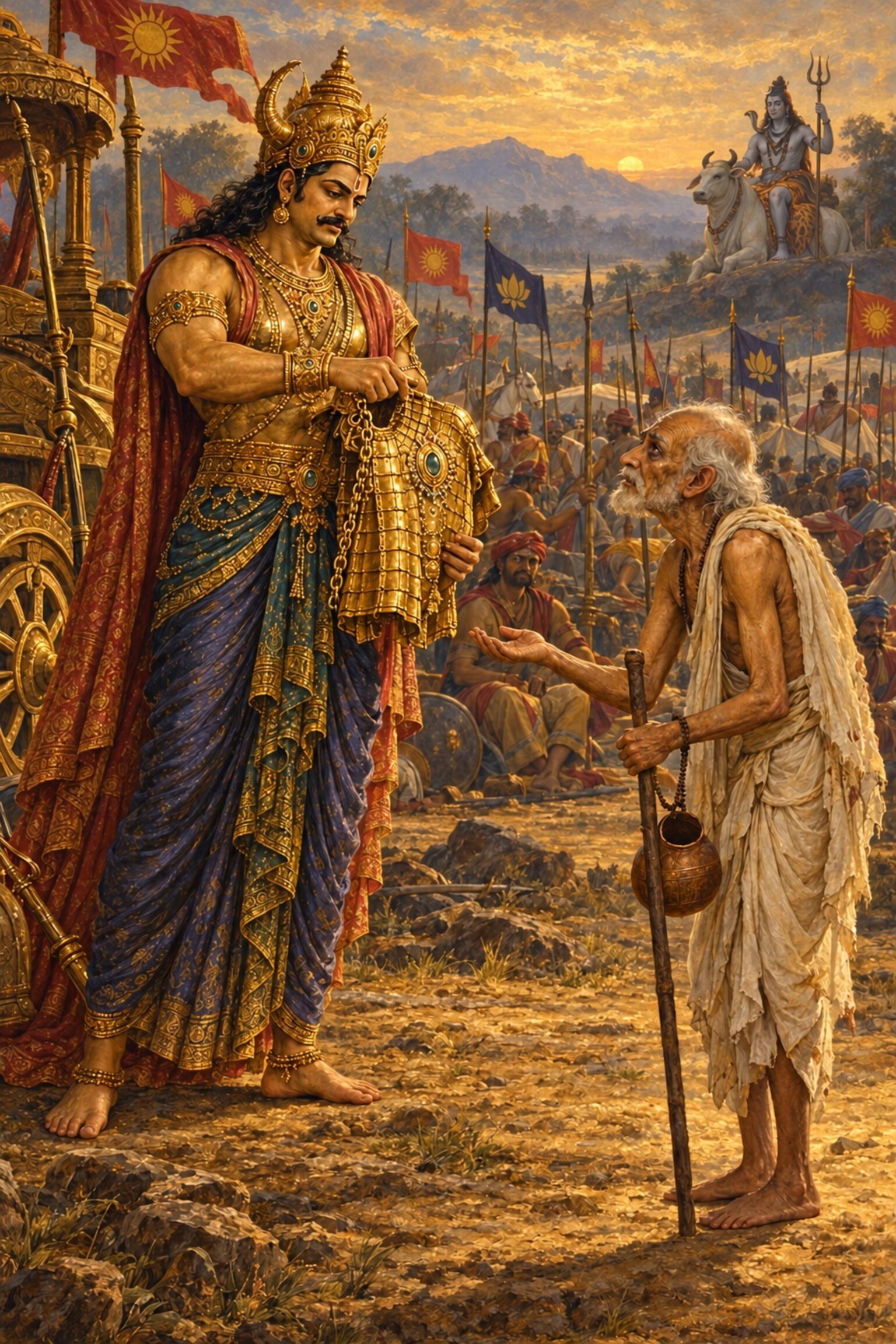 On the battlefield a thirsty old Brahmin, Shri Hari in disguise, begs alms of Shankhachud, who takes off his armor for him.