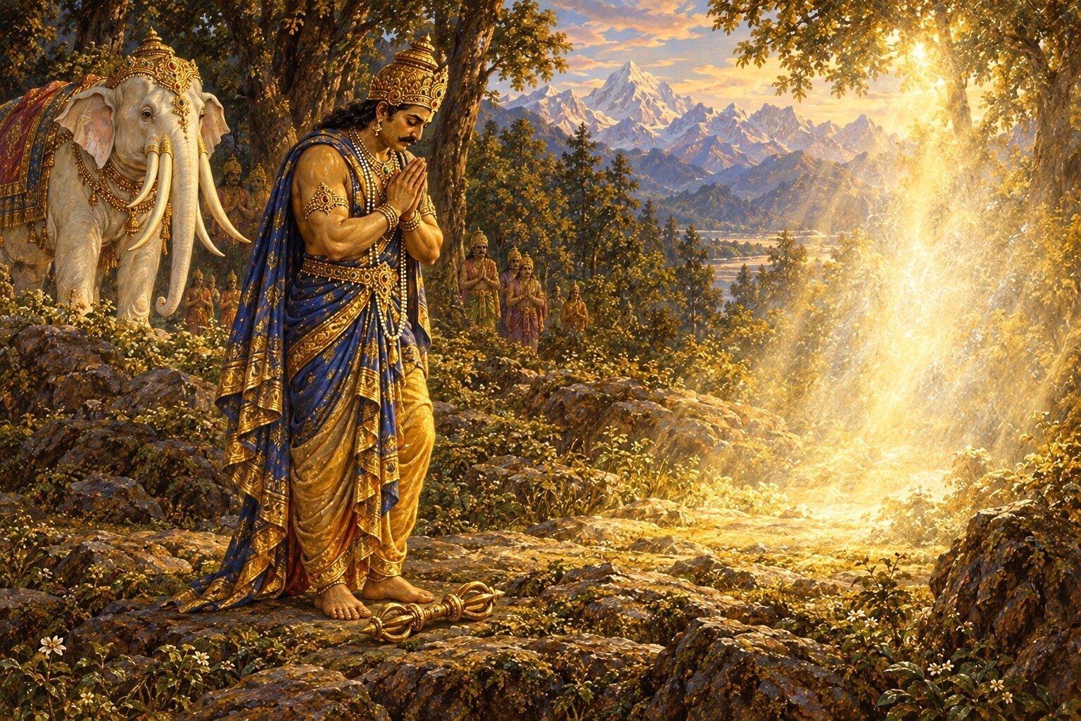As Indra strides up, the supreme light vanishes, and alone in the empty glade he lays his vajra down and takes refuge.
