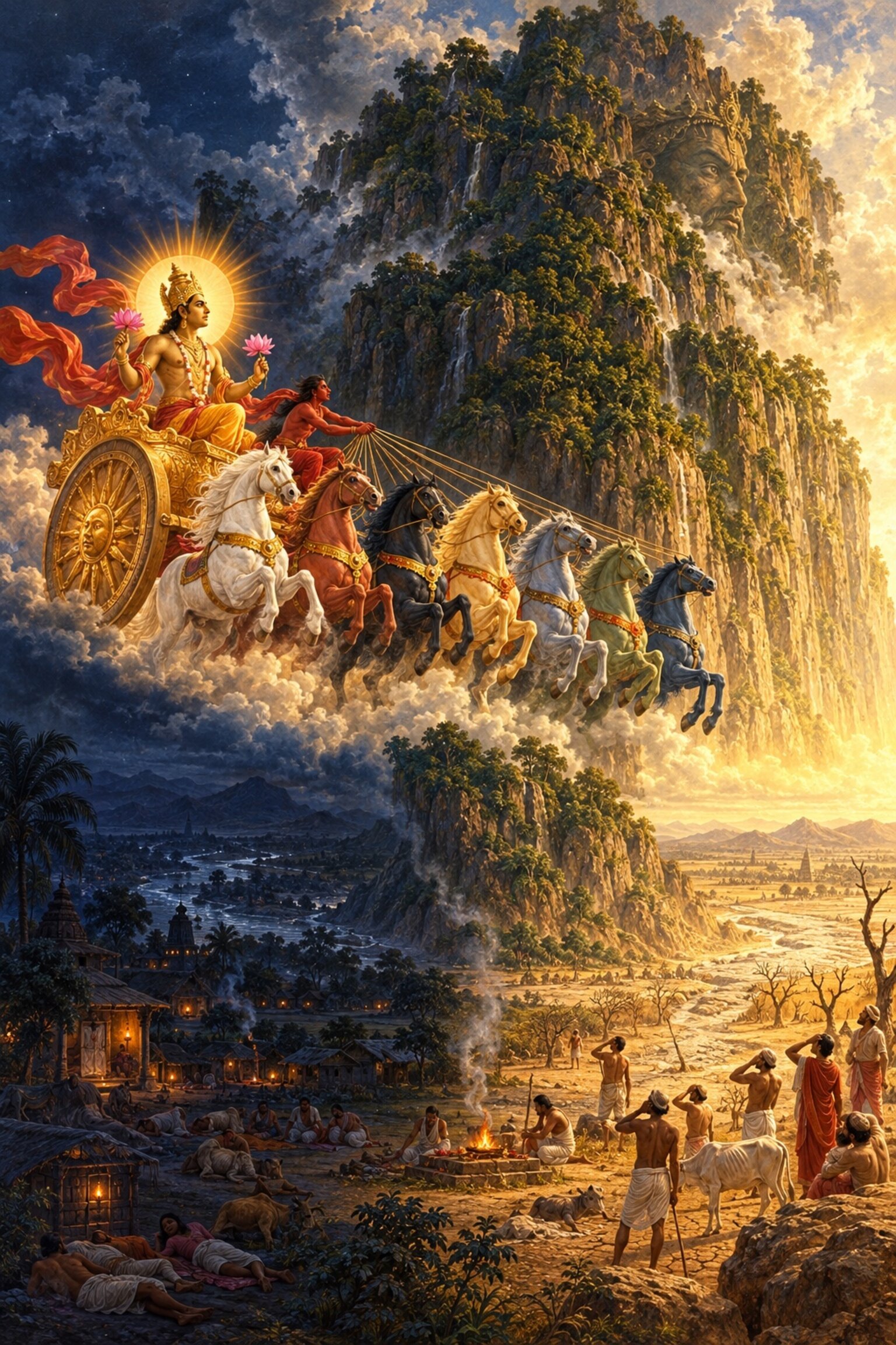 The Vindhya mountain grows into the sky and blocks the Sun's chariot, one side of the land dark and the other scorched.