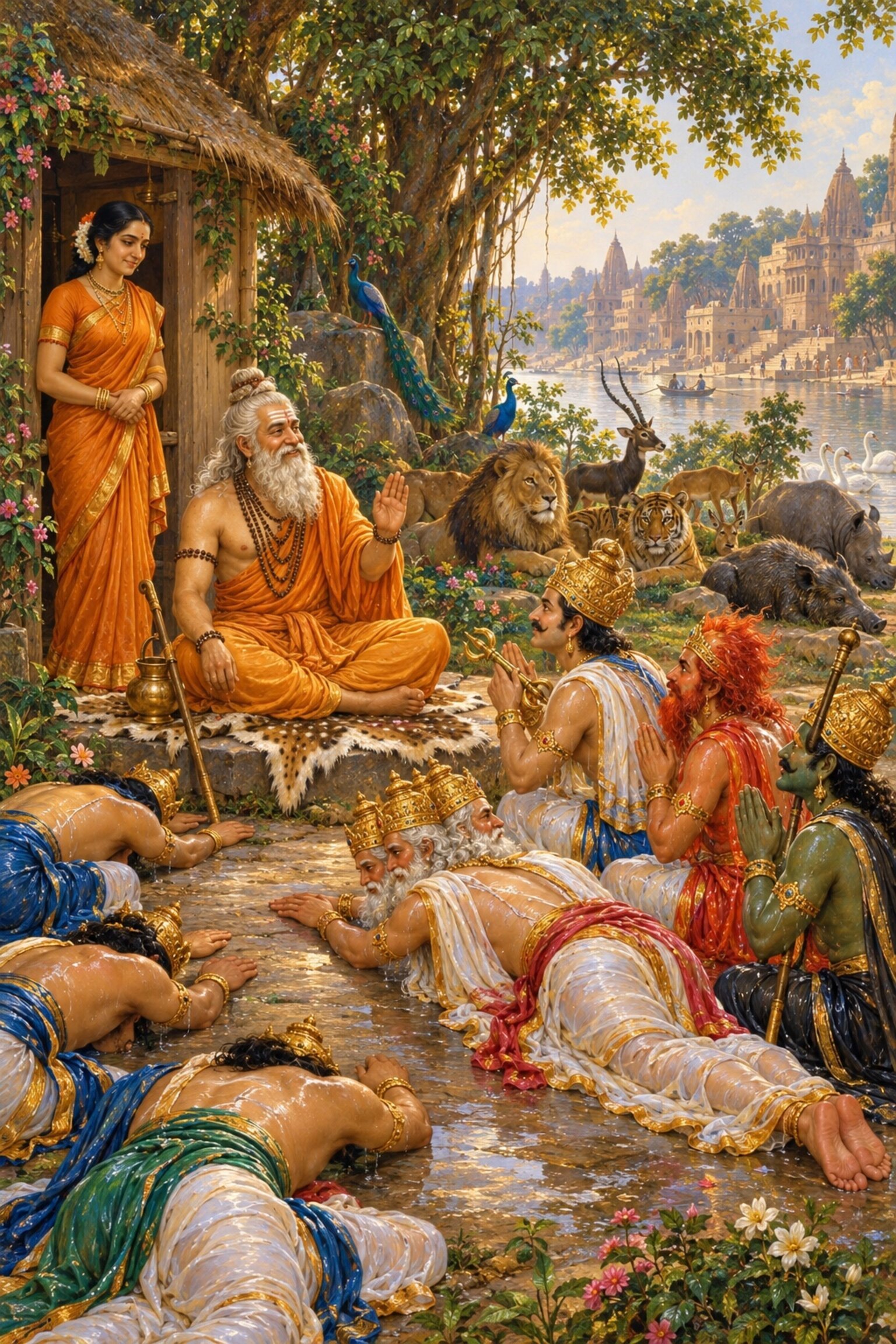 In Agastya's ashram at Kashi, where lions and deer walk together, Indra and the gods fall at the sage's feet as he laughs.