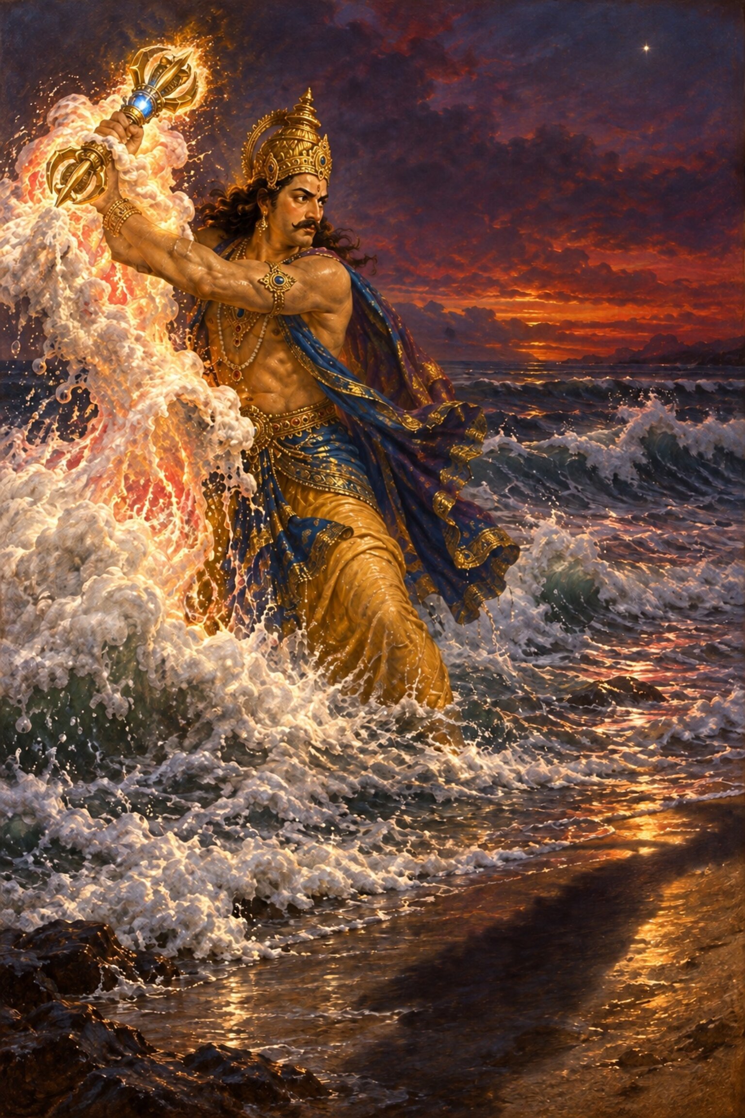 At dusk on the seashore Indra wraps his vajra in a mountain of sea foam, the Devi's portion glowing red-gold within it.