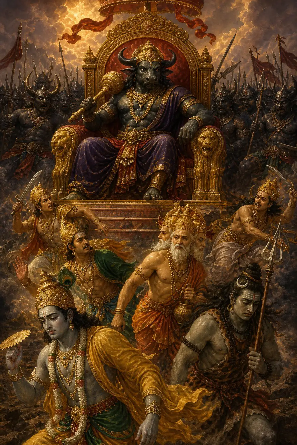 सिंहासन पर बैठा महिषासुर गदा थामे है, नीचे पराजित देवता स्वर्ग से हटते दिखते हैं।