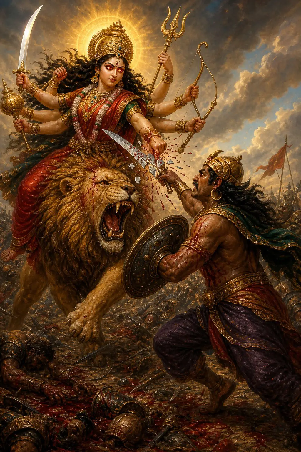 The asura leaps in with shield and sword, but his blow shatters against the Devi’s sword as the lion roars.