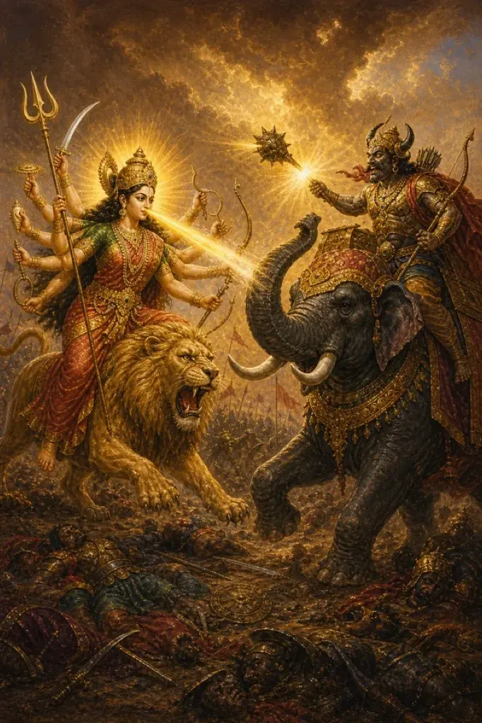 An asura on an elephant raises his mace and roars, his weapon halted in mid-air by the force of the Devi's roar.