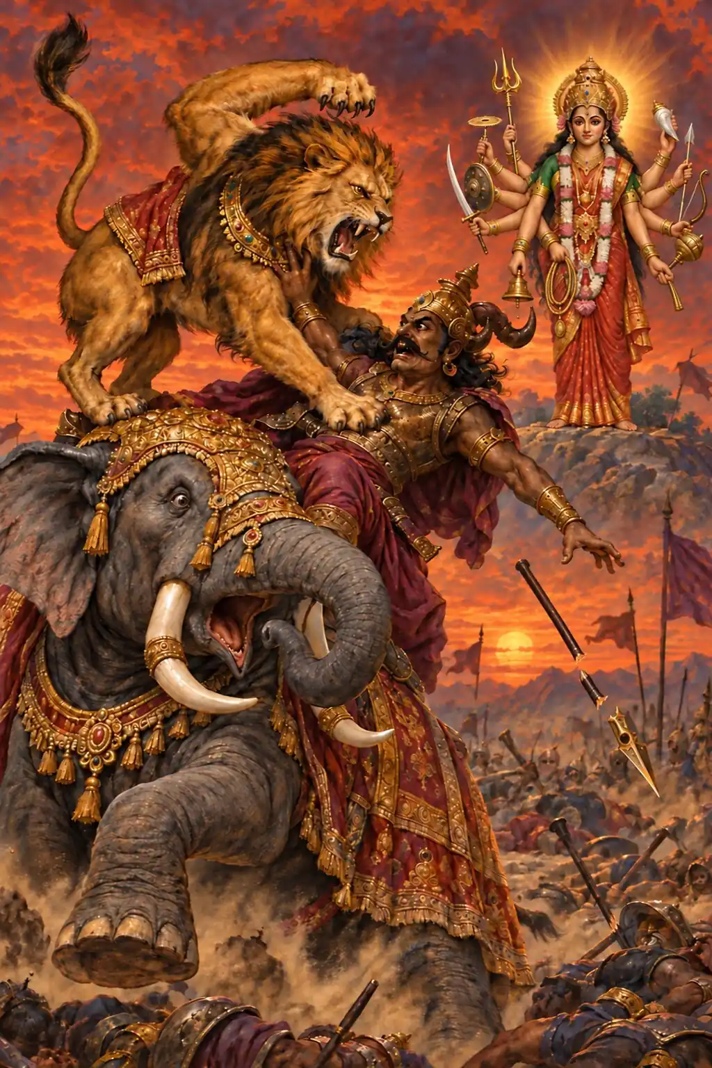 The Devi's lion leaps onto the head of Chamara's elephant and grapples with him as the ten-armed Devi watches from a rise.