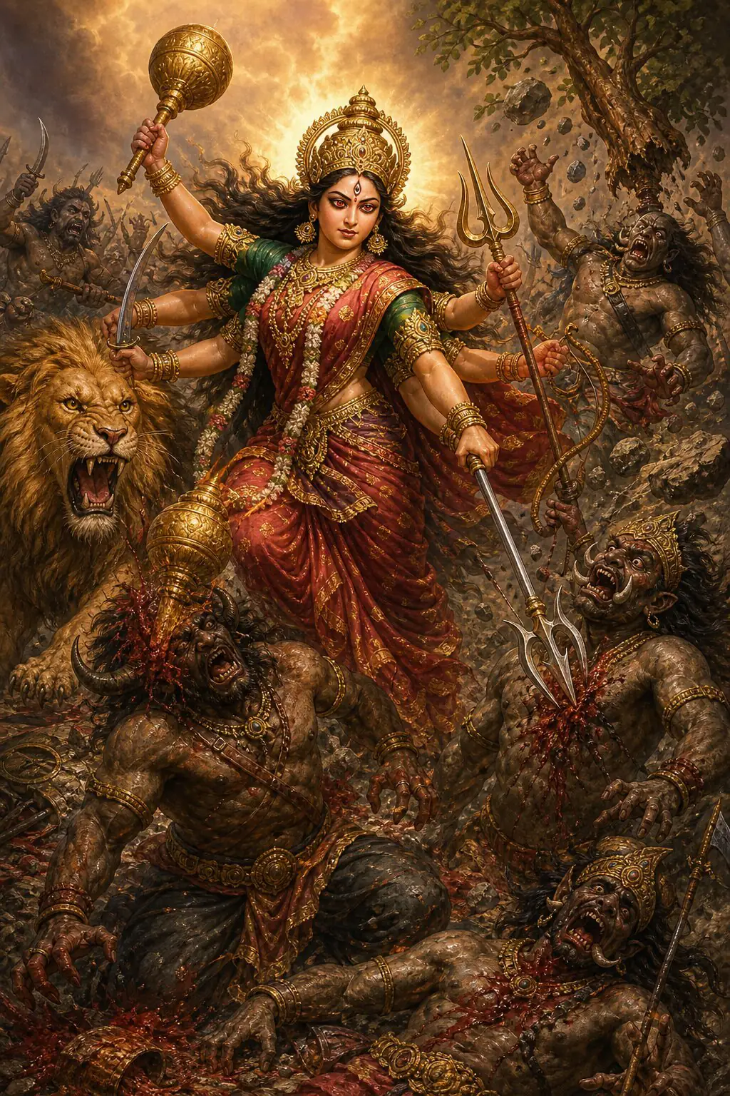 The Devi destroys an asura with a blow of her mace and pierces another with her trident as the lion roars.