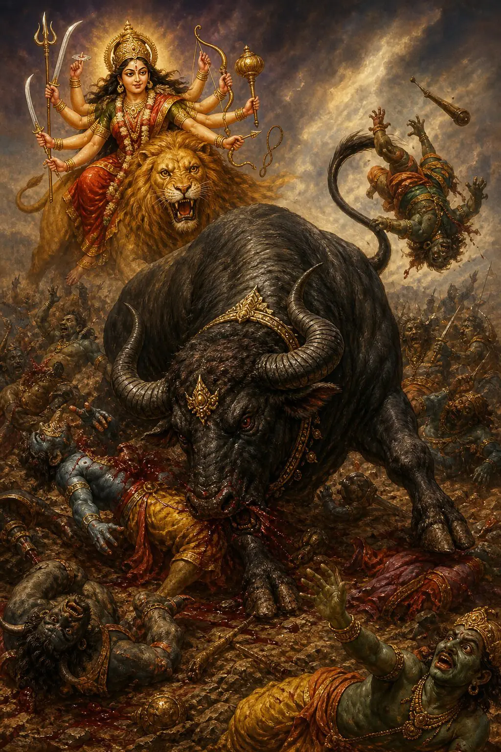 Mahishasura in buffalo form tramples the Devi’s hosts and tosses them with his tail, the lion-riding Devi seen behind.