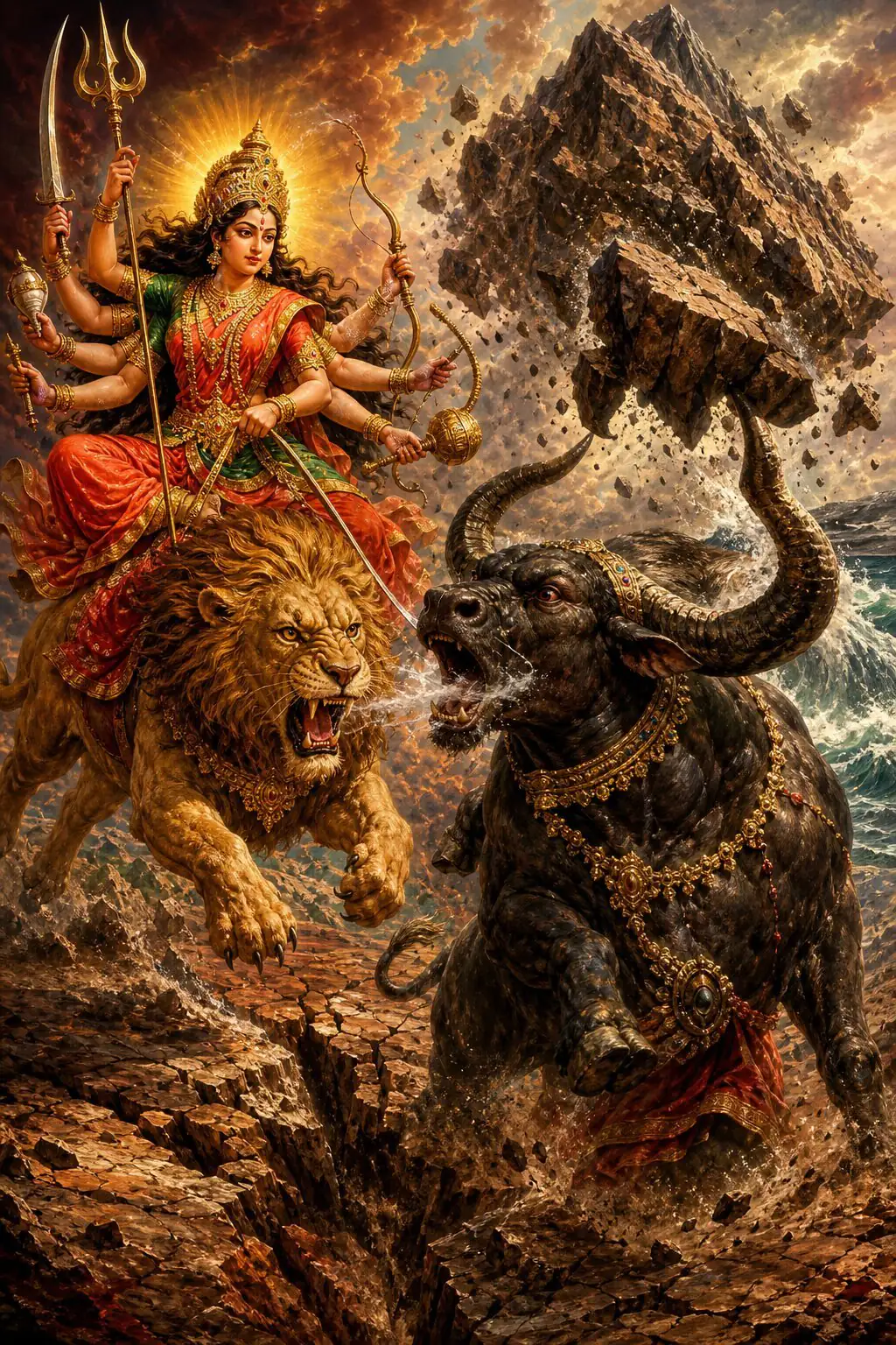 The enraged buffalo tears up mountains with his horns and flings them as the Devi and her lion pounce, the ocean surging.