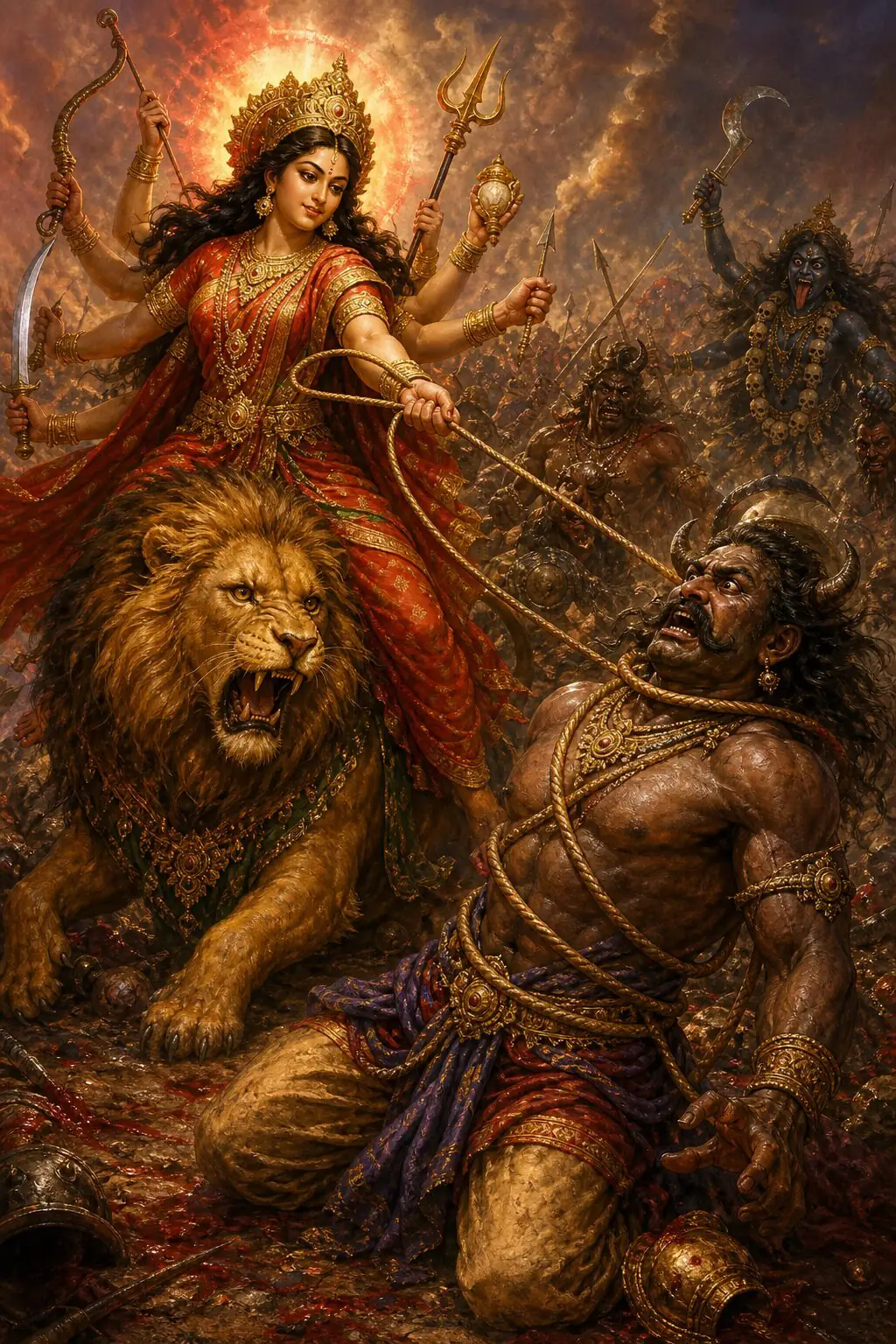 The Devi flings her noose and binds the horned asura, who falls to his knees and glares in fury.
