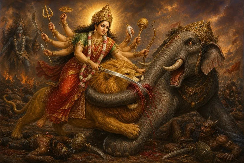 Mahishasura turned elephant grips the lion with his trunk, and the Devi cuts that trunk with her sword.