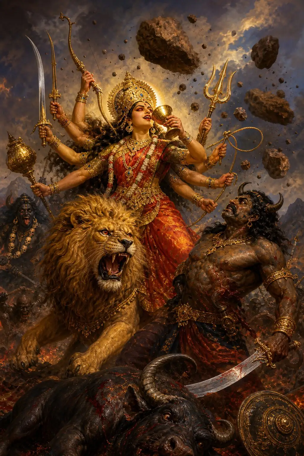 The Devi laughs as she drinks wine from a vessel in battle, the asura before her raising his sword and roaring, boulders flying.