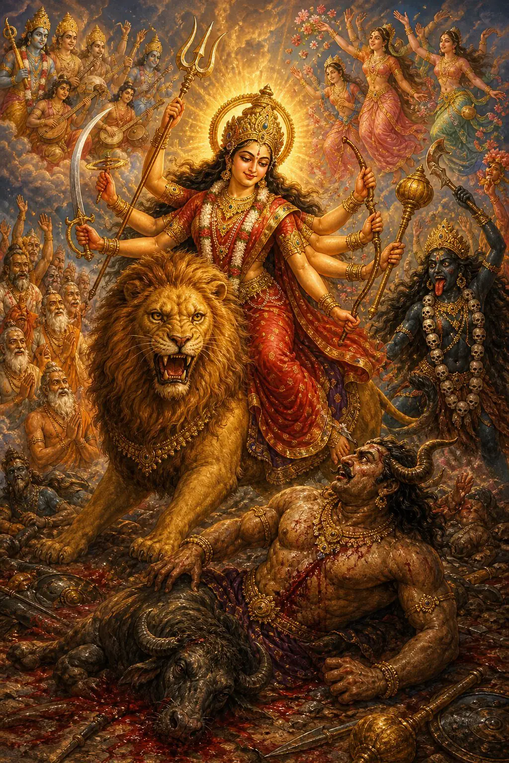 After the slaying of Mahishasura the Devi sits serene, gods and rishis offering praise, apsaras raining down flowers.