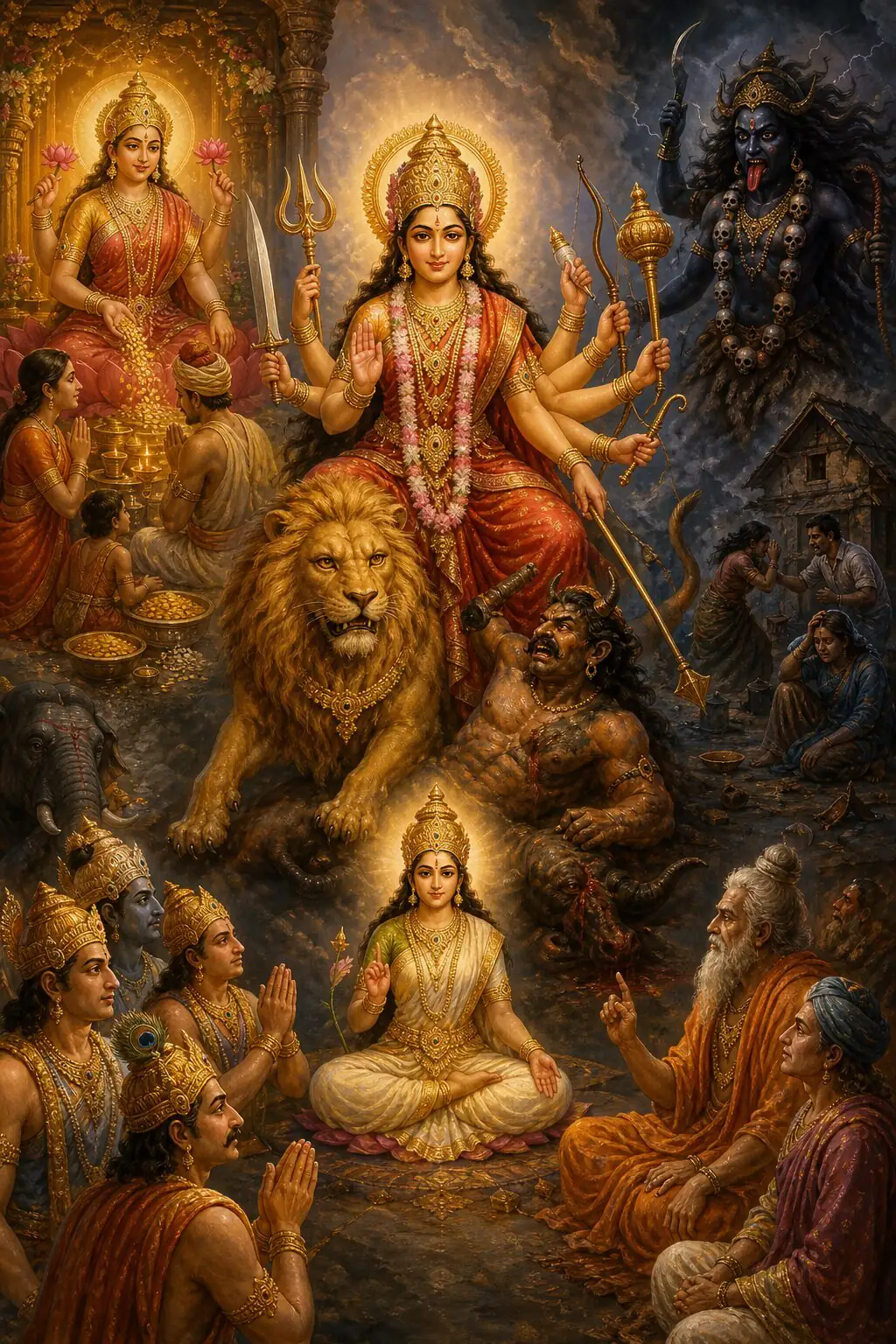 Durga on her lion at the center, Lakshmi showering wealth on devotees on one side and a ruined, grieving home on the other.