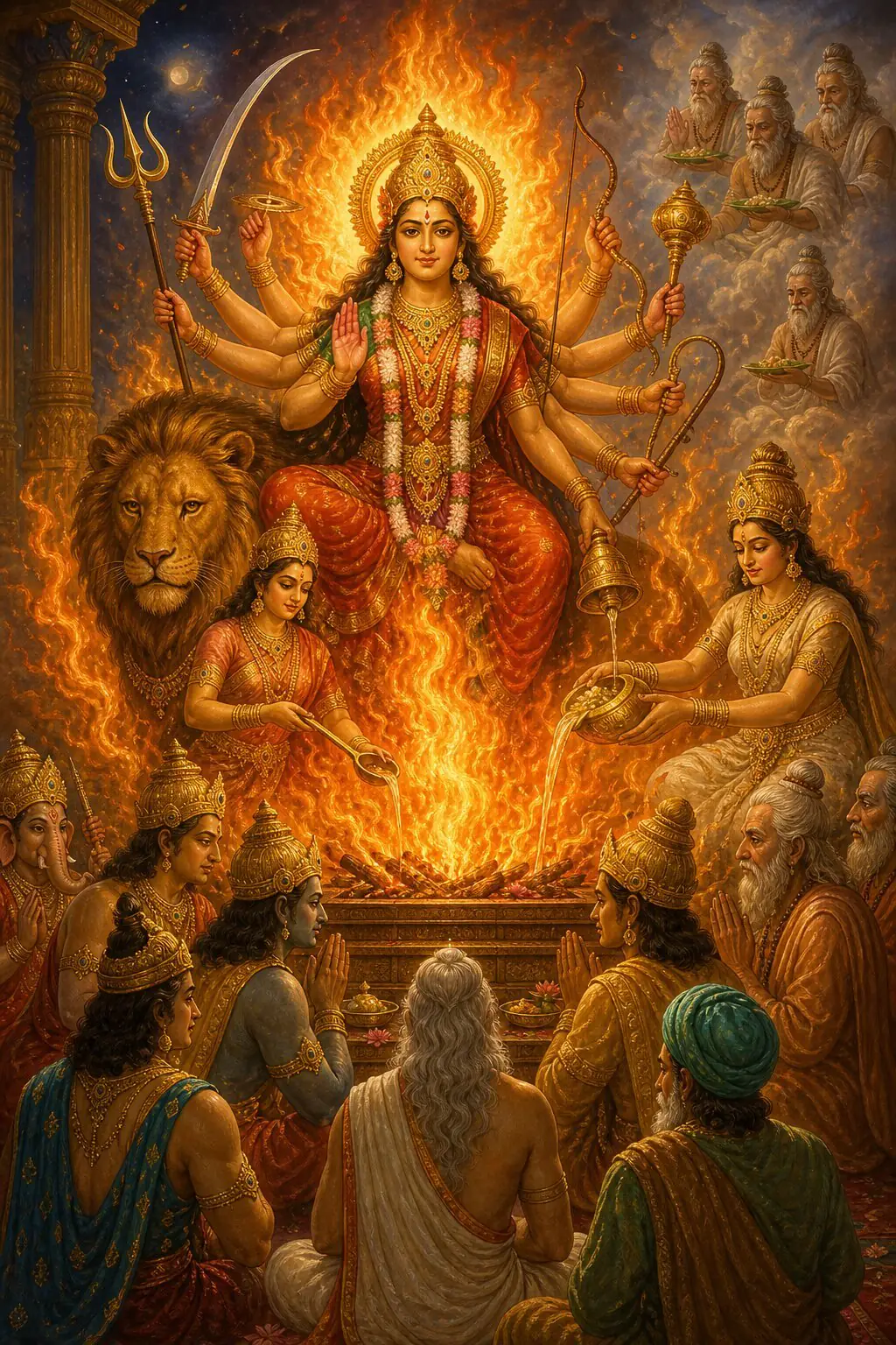 Durga appears amid the flames of a yajna; gods and rishis worship her by pouring offerings into the fire.