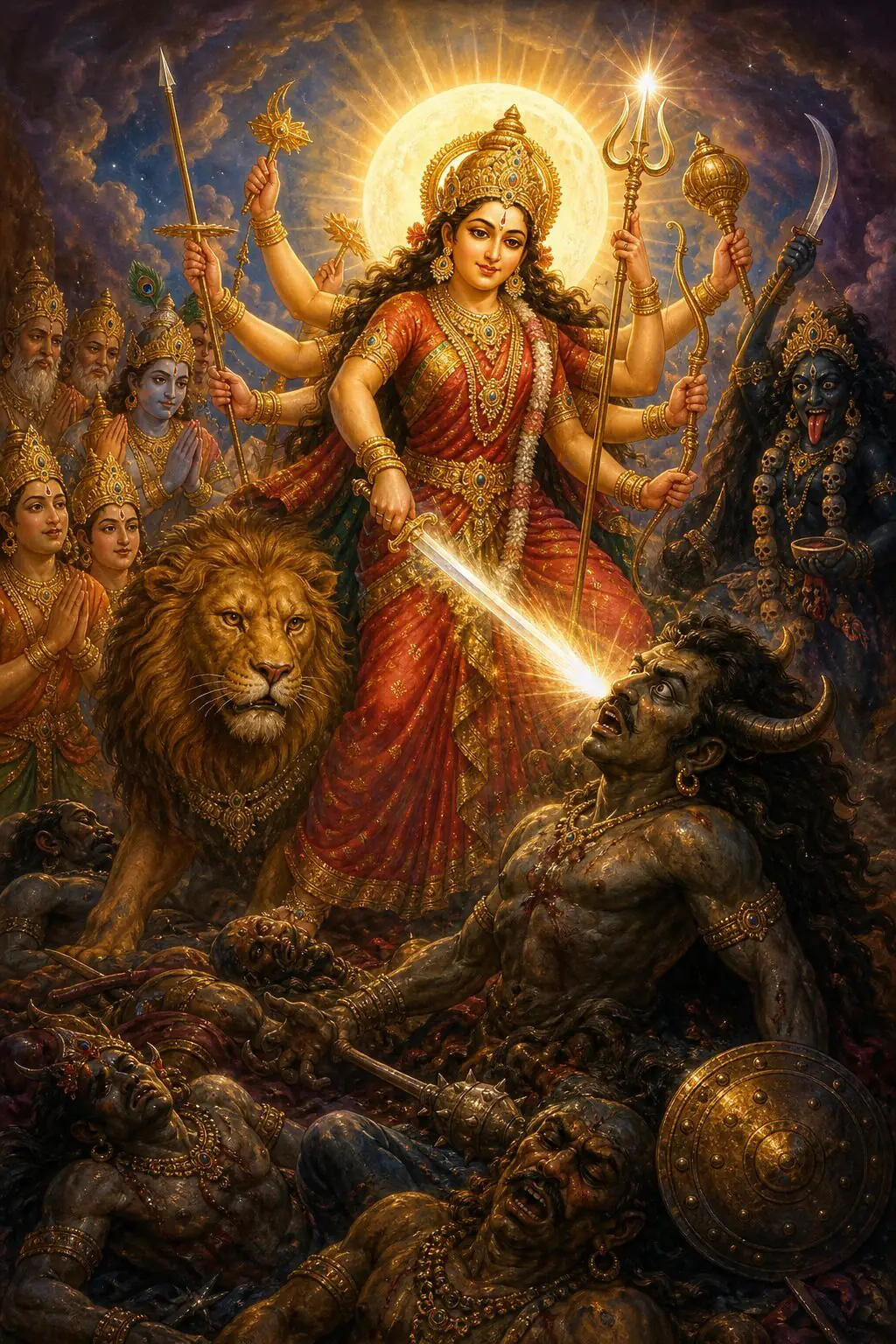 Durga’s flashing sword strikes an asura across the face; fallen demons all around, the gods at prayer.
