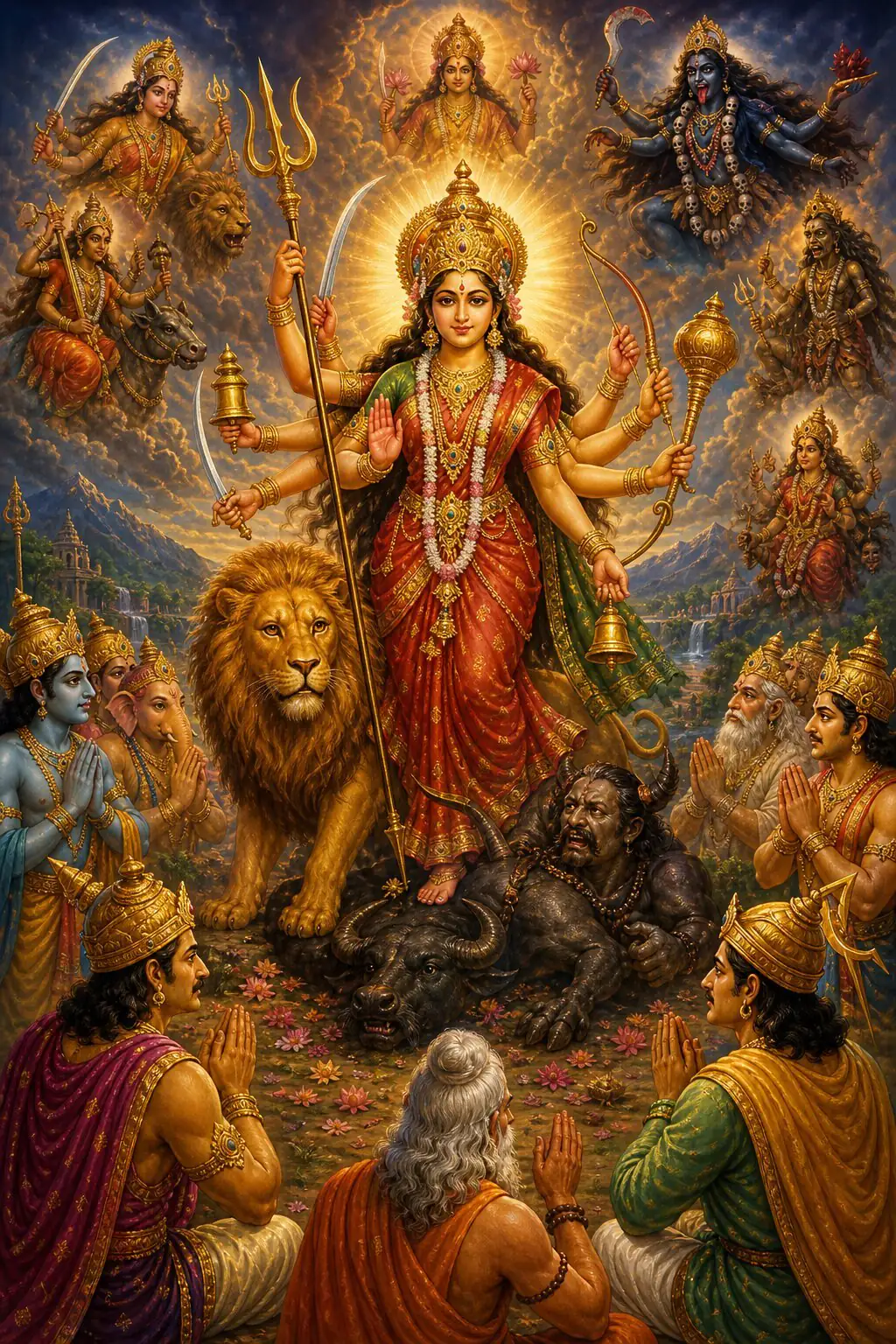 Victorious Durga stands with her lion over the fallen Mahishasura, her goddess forms in the sky and the gods bowing below.