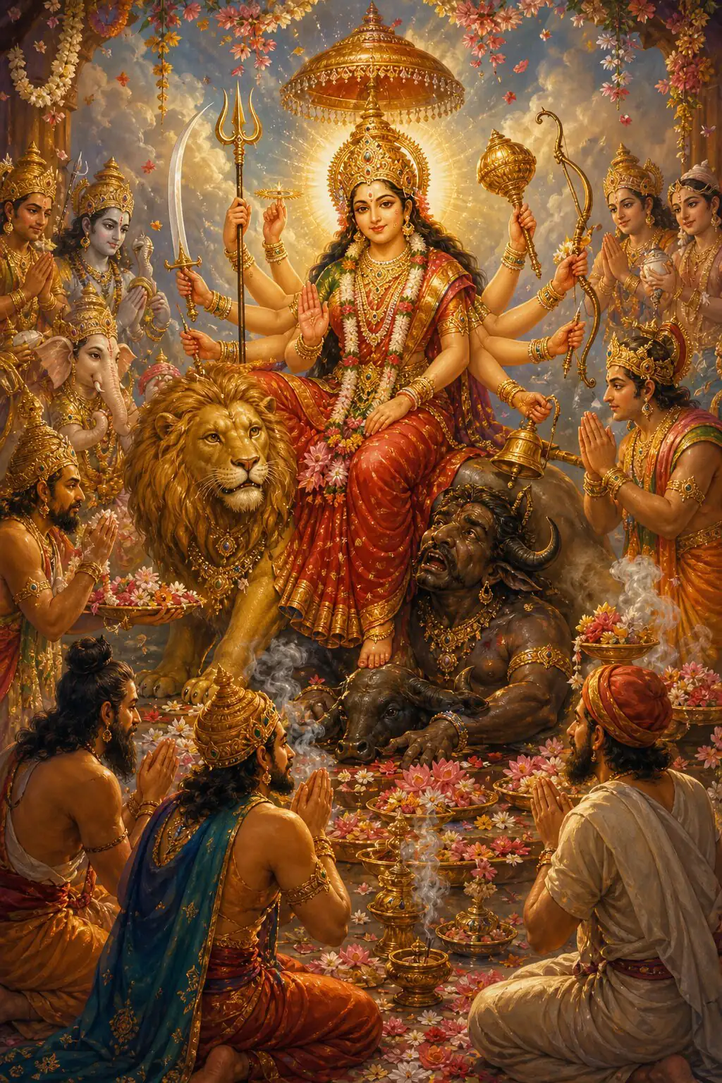 Seated on her lion beneath a golden canopy, Durga is showered with flowers; the gods offer blossoms from platters.