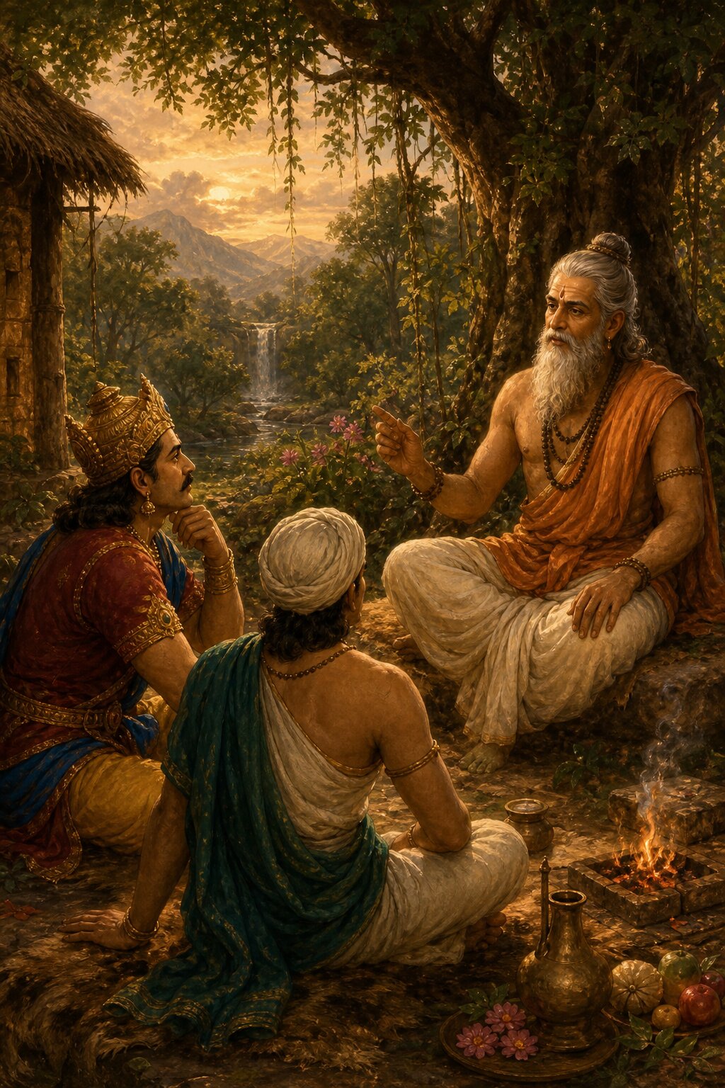 वन के आश्रम में ऋषि मेधा राजा सुरथ और वैश्य समाधि को देवी की कथा सुनाते हैं।