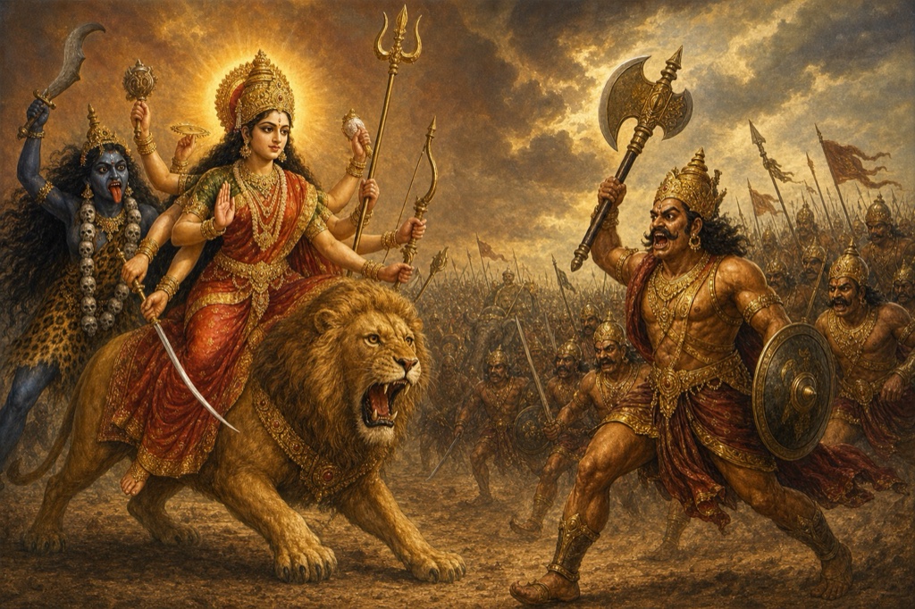फरसा और ढाल उठाए निशुम्भ अपनी सेना सहित सिंह पर आसीन देवी और काली पर झपटता है।