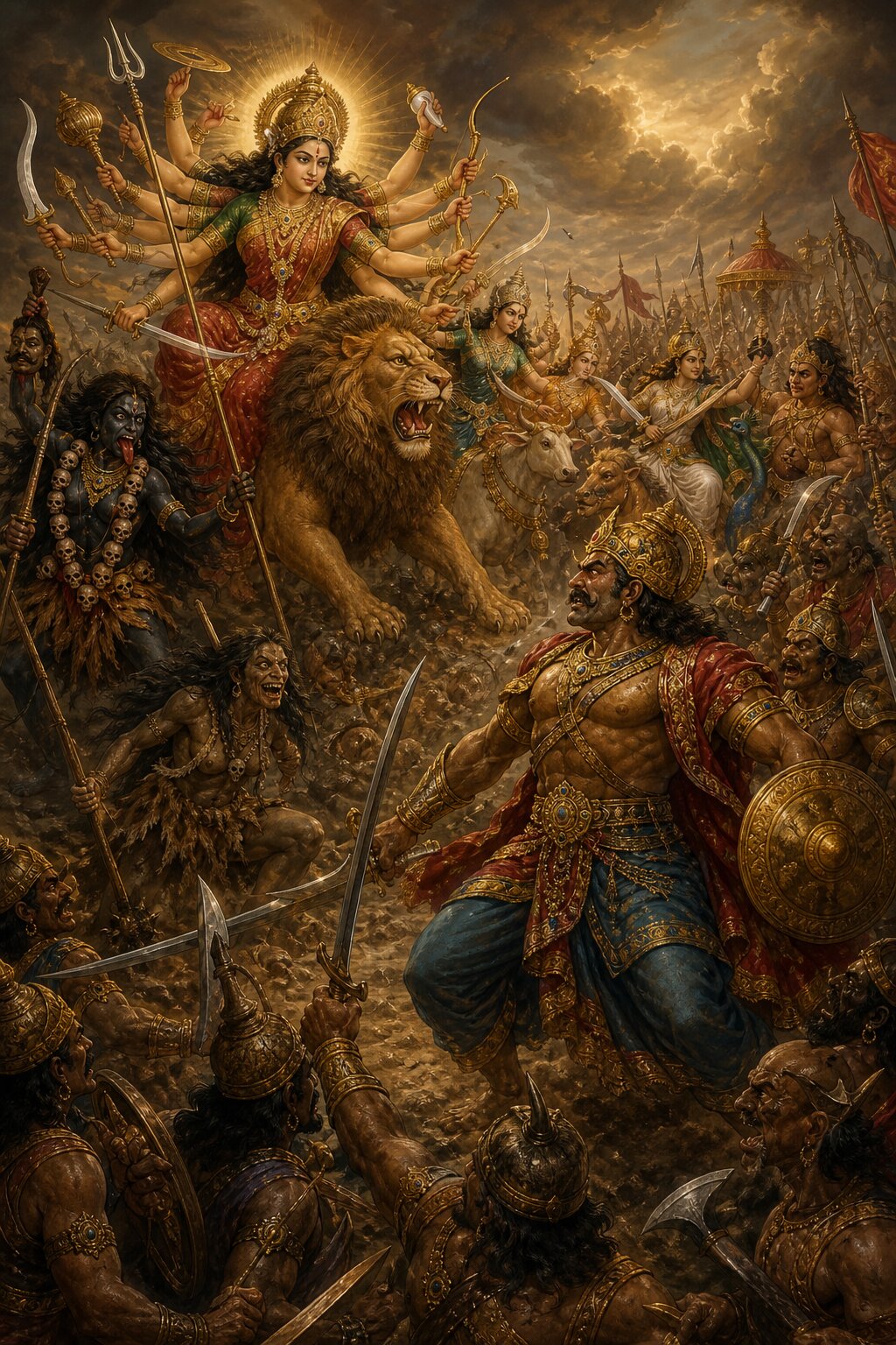 देवी, काली और मातृकाएँ असुर सेना पर टूट पड़ती हैं, सामने ढाल-तलवार लिए असुर योद्धा ललकारता है।