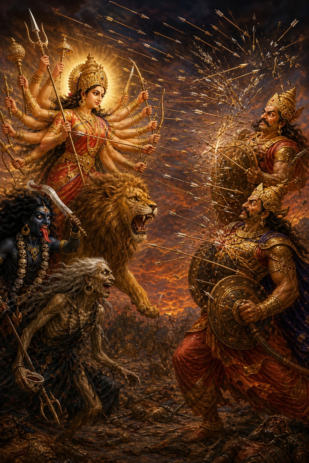 देवी की सघन बाण-वर्षा ढालें थामे दो असुर वीरों पर टूटती है, संग काली तलवार उठाए बढ़ती है।