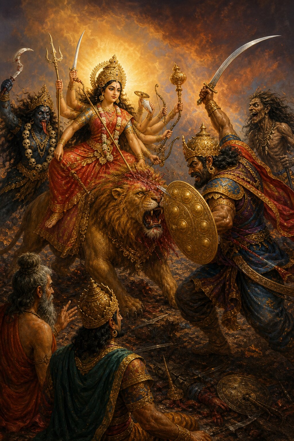 निशुम्भ तलवार से देवी के सिंह के मस्तक पर वार करता है, नीचे ऋषि और राजा देखते हैं।