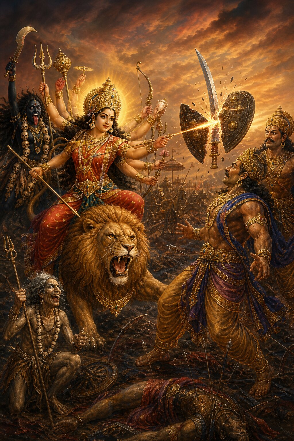 देवी के बाणों से निशुम्भ की तलवार और ढाल आकाश में ही टूटकर बिखर जाती हैं।
