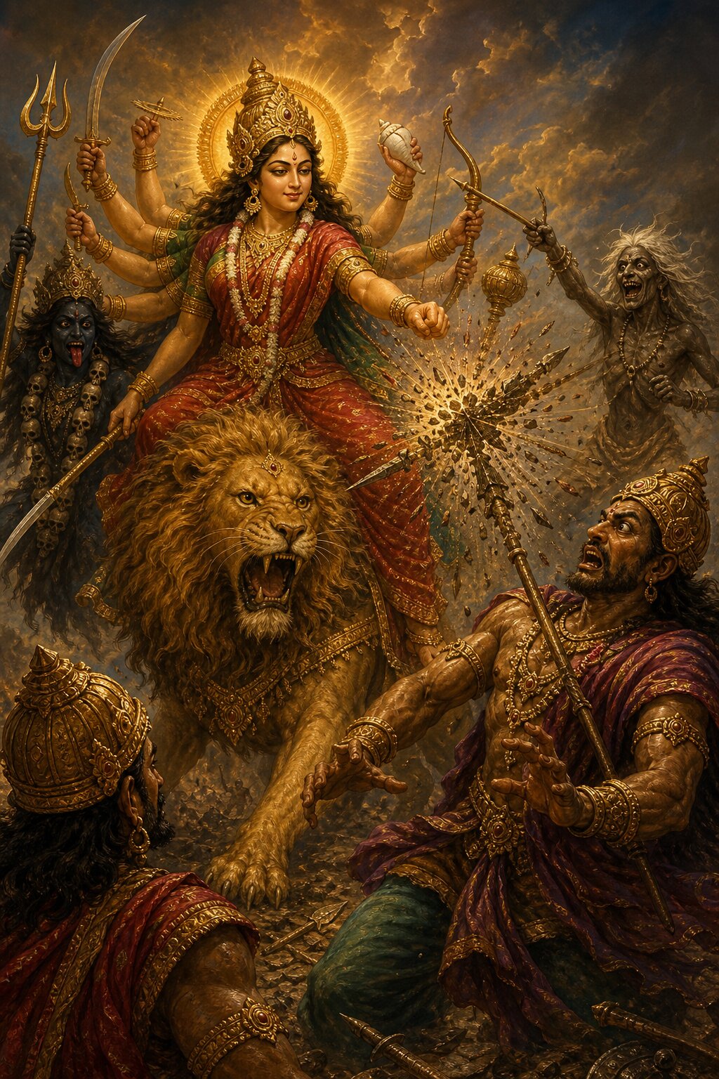देवी का मुष्टि-प्रहार तेज की कौंध बनकर गदाधारी निशुम्भ की छाती पर पड़ता है।