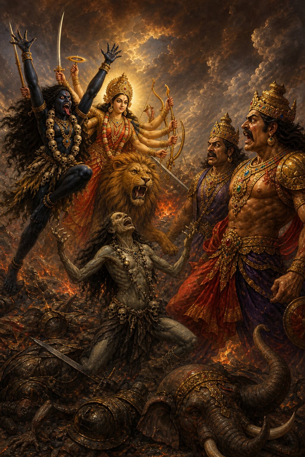 काली और देवी के प्रहारों के बीच एक जर्जर असुर चीखता गिरता है, दाईं ओर शुम्भ-निशुम्भ क्रोध से जलते हैं।