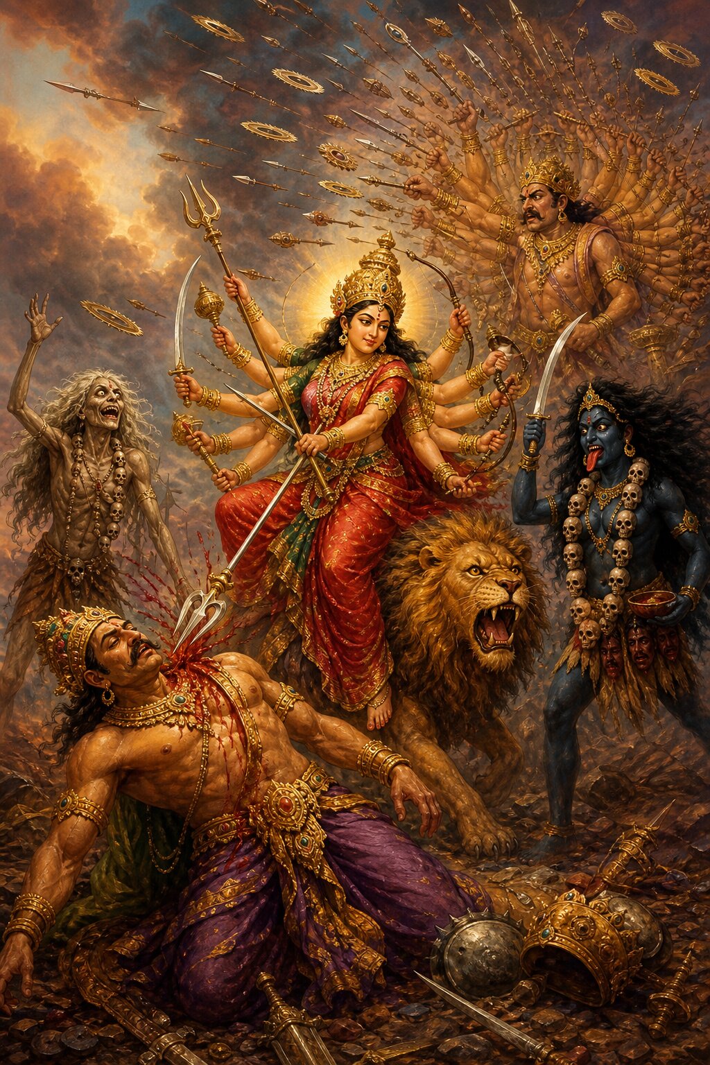 सहस्र भुजाओं से चक्र बरसाते निशुम्भ के सामने देवी गिरे असुर की छाती में त्रिशूल उतारती हैं।