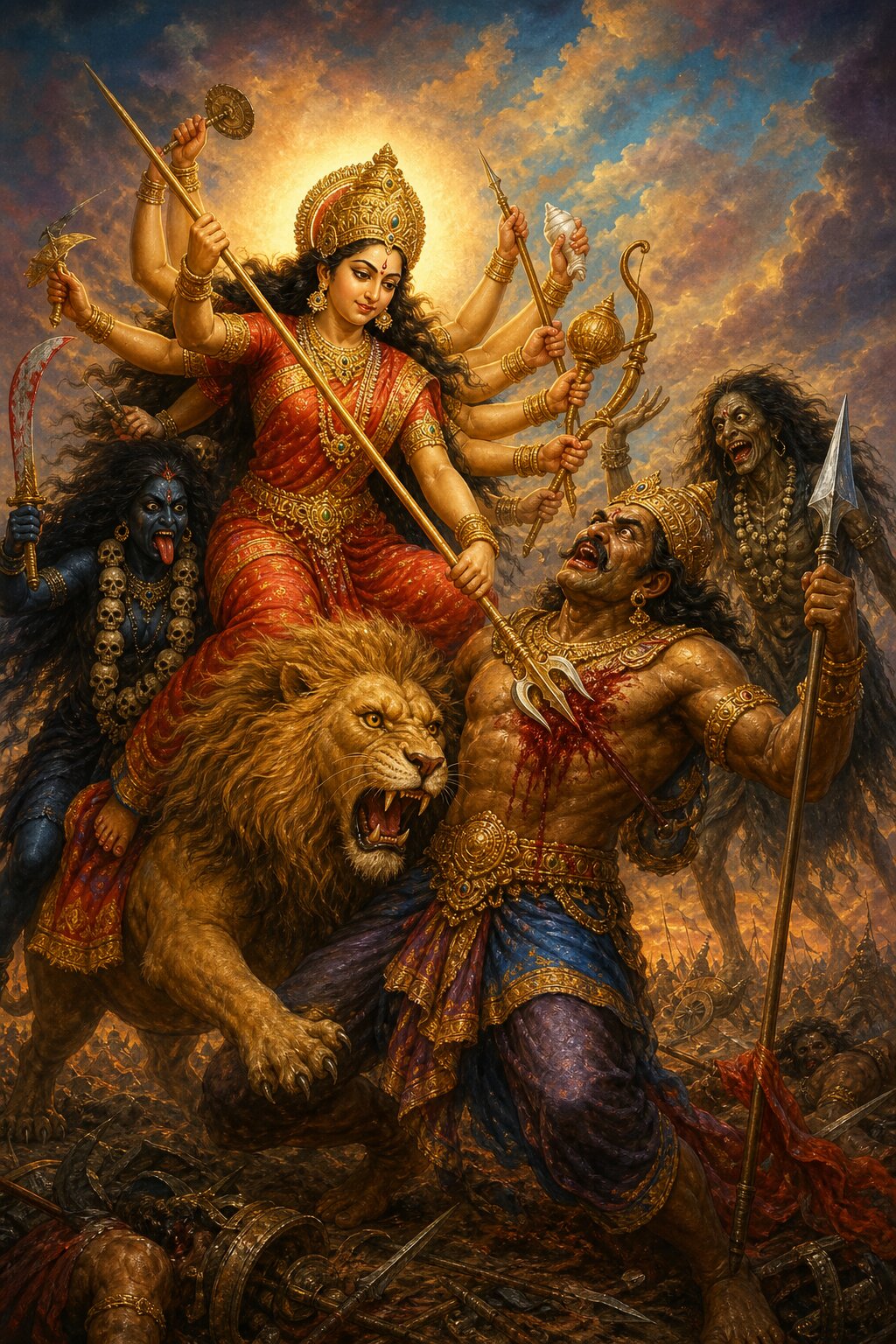 सिंह पर से झुककर देवी निशुम्भ की छाती में त्रिशूल गड़ाती हैं, काली और शिवदूती साथ खड़ी हैं।