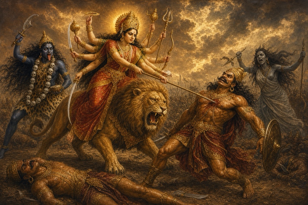 छाती बिंधा निशुम्भ लड़खड़ाकर गिरता है, देवी शूल थामे सिंह पर विराजी हैं, शिवदूती गरजती है।