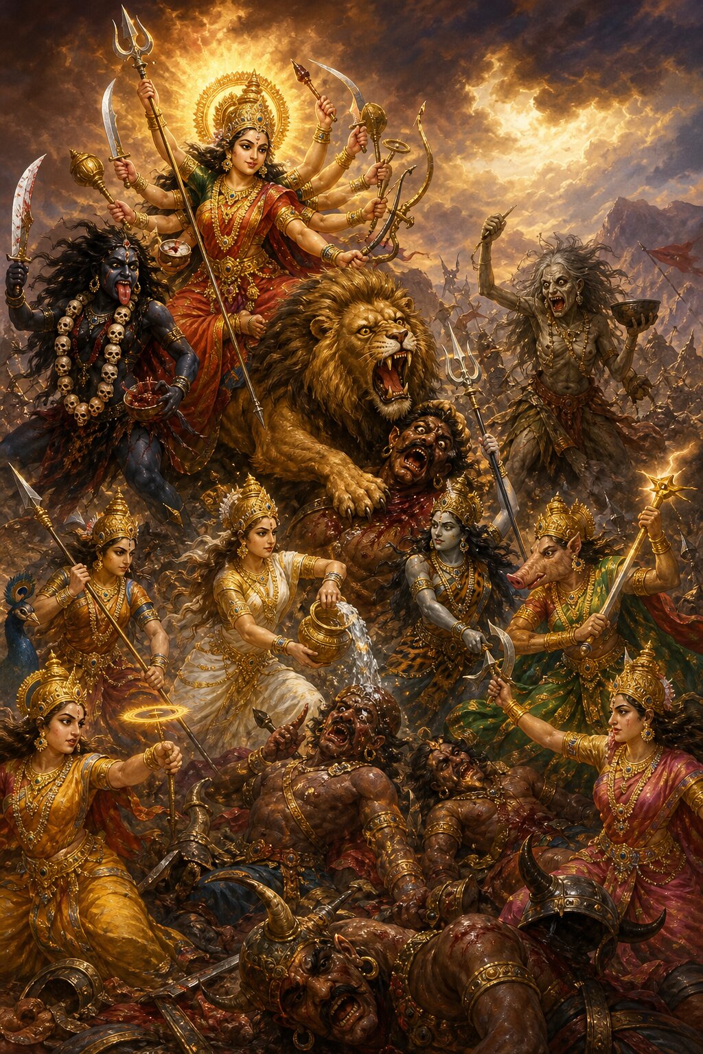 देवी और काली के संग सभी मातृकाएँ असुर दल का संहार करती हैं, ब्रह्माणी कमण्डलु से जल छिड़कती है।