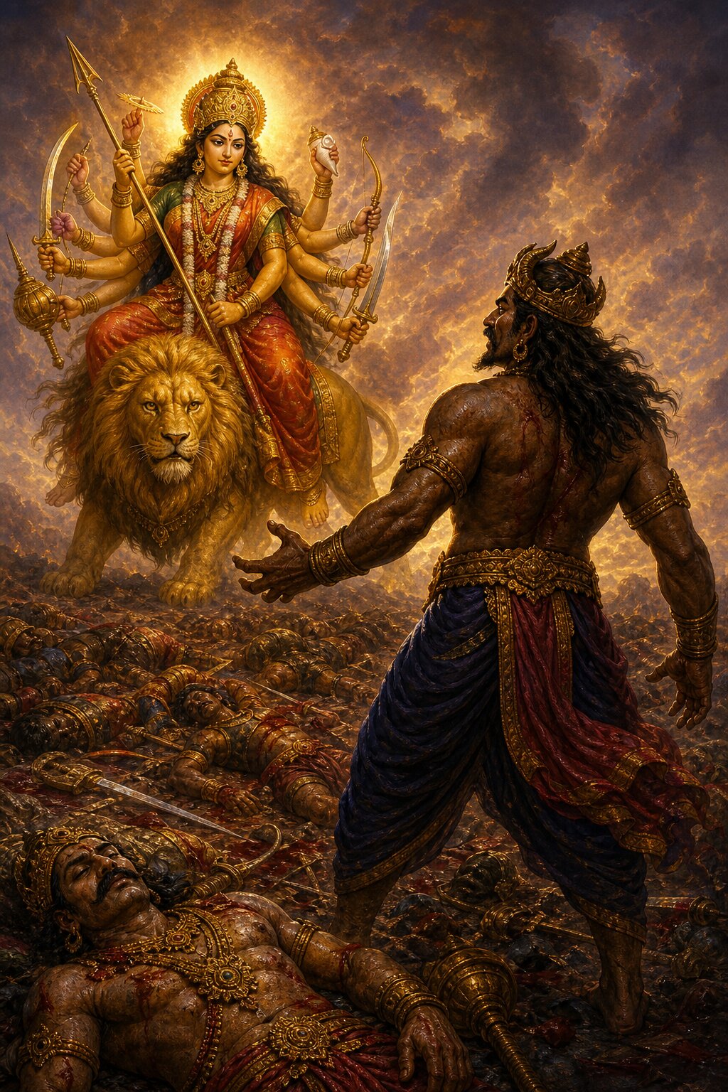 सिंहवाहिनी देवी शस्त्र उठाए शुम्भ के सामने हैं, नीचे निशुम्भ और दैत्यों के शव पड़े हैं।