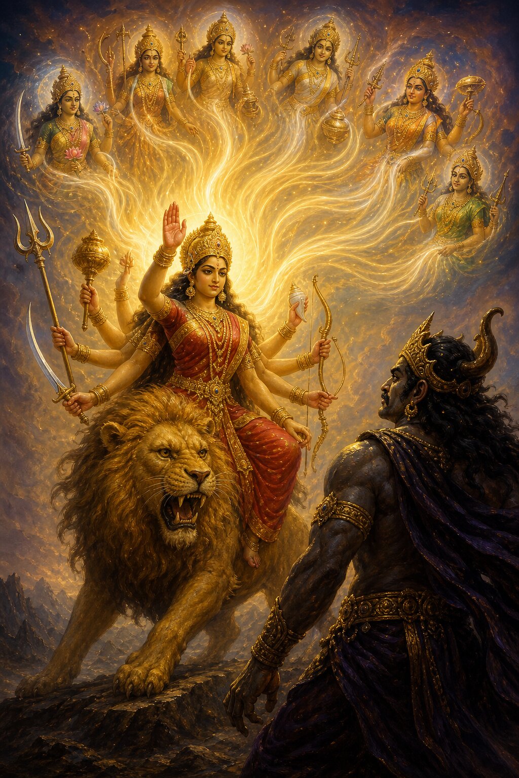 समस्त मातृशक्तियाँ प्रकाश की धाराएँ बनकर सिंहवाहिनी देवी के शरीर में समा रही हैं, शुम्भ देखता है।