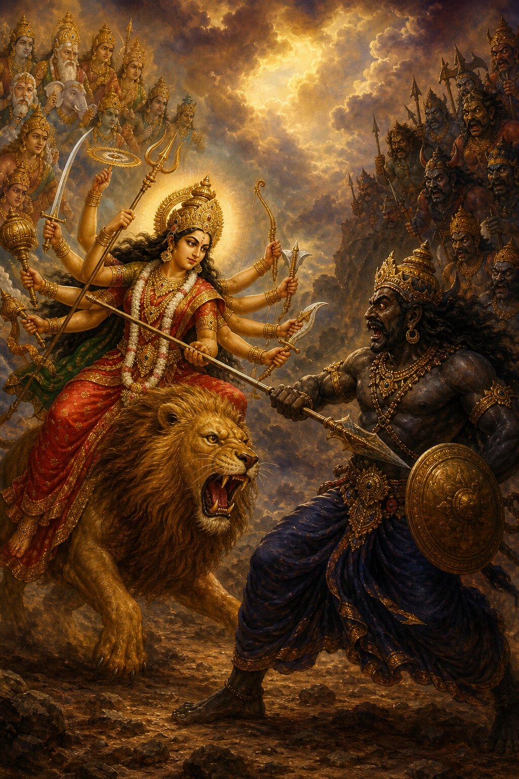 देवी और शुम्भ आमने-सामने शस्त्र भिड़ाए लड़ते हैं, एक ओर देवता, दूसरी ओर असुर सेना खड़ी है।